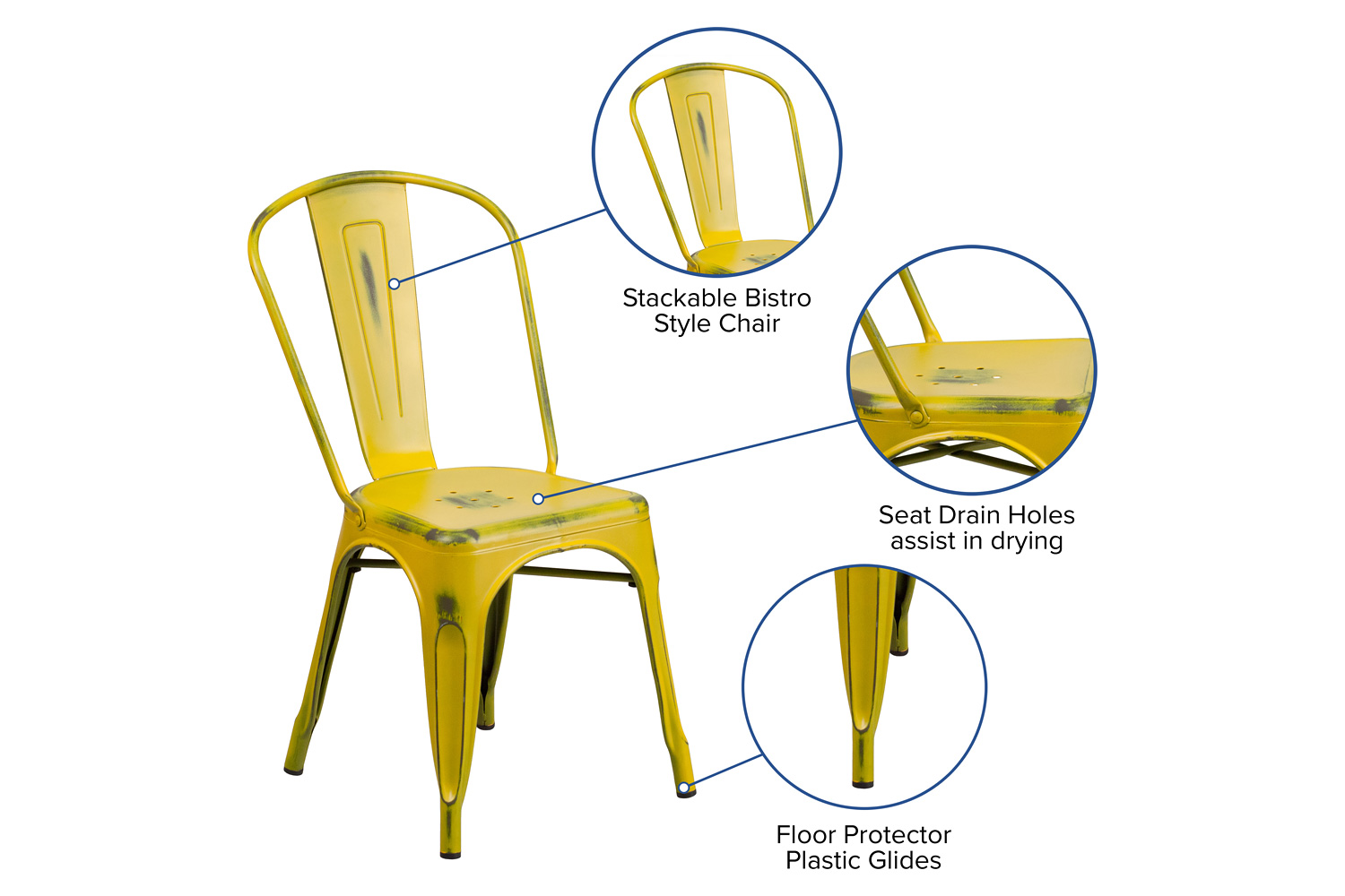 BLNK Tenley Commercial Metal Distressed Indoor-Outdoor Stackable Chair - Yellow