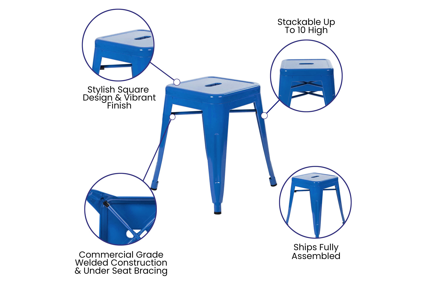 BLNK Kai Commercial Indoor Metal Backless Stackable Table Height Dining Stool Set of 4 - Royal Blue