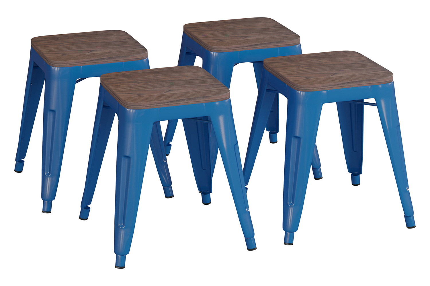 BLNK Kai Commercial Metal Backless Stackable Table Height Dining Stool with Wooden Seat Set of 4 - Royal Blue