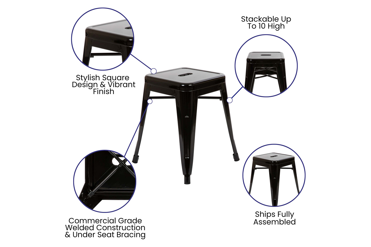 BLNK Kai Commercial Metal Backless Stackable Table Height Dining Stool Set of 4 - Black