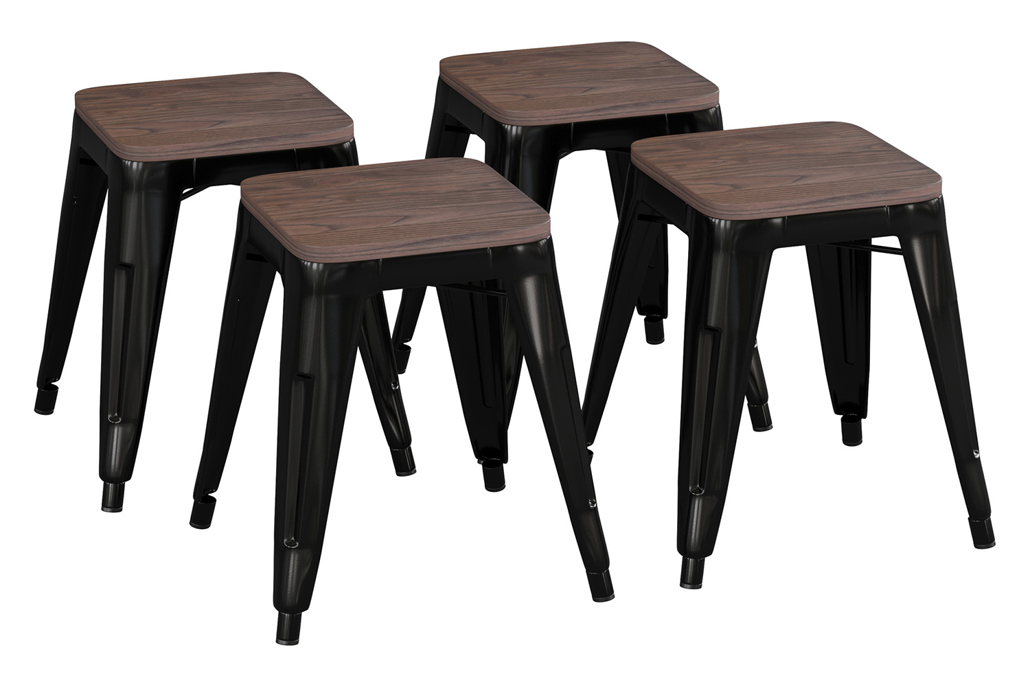 BLNK Kai Commercial Metal Backless Stackable Table Height Dining Stool with Wooden Seat Set of 4 - Black