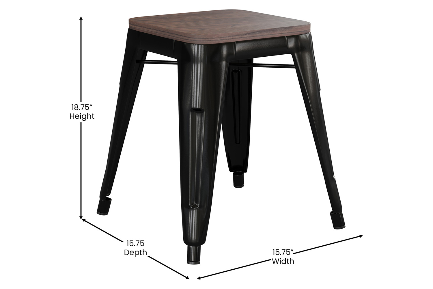 BLNK Kai Commercial Metal Backless Stackable Table Height Dining Stool with Wooden Seat Set of 4 - Black