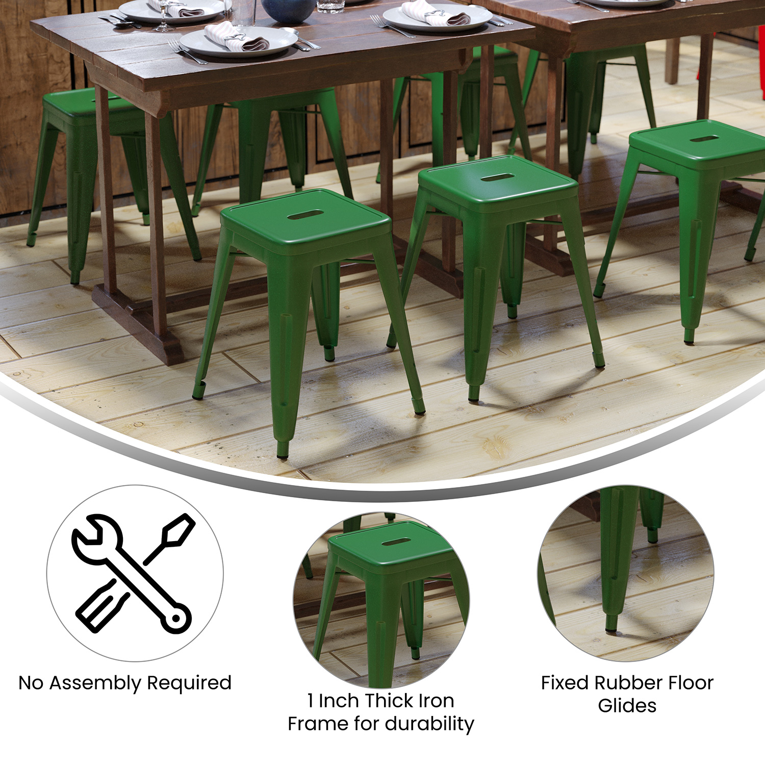 BLNK Kai Commercial Indoor Metal Backless Stackable Table Height Dining Stool Set of 4 - Green