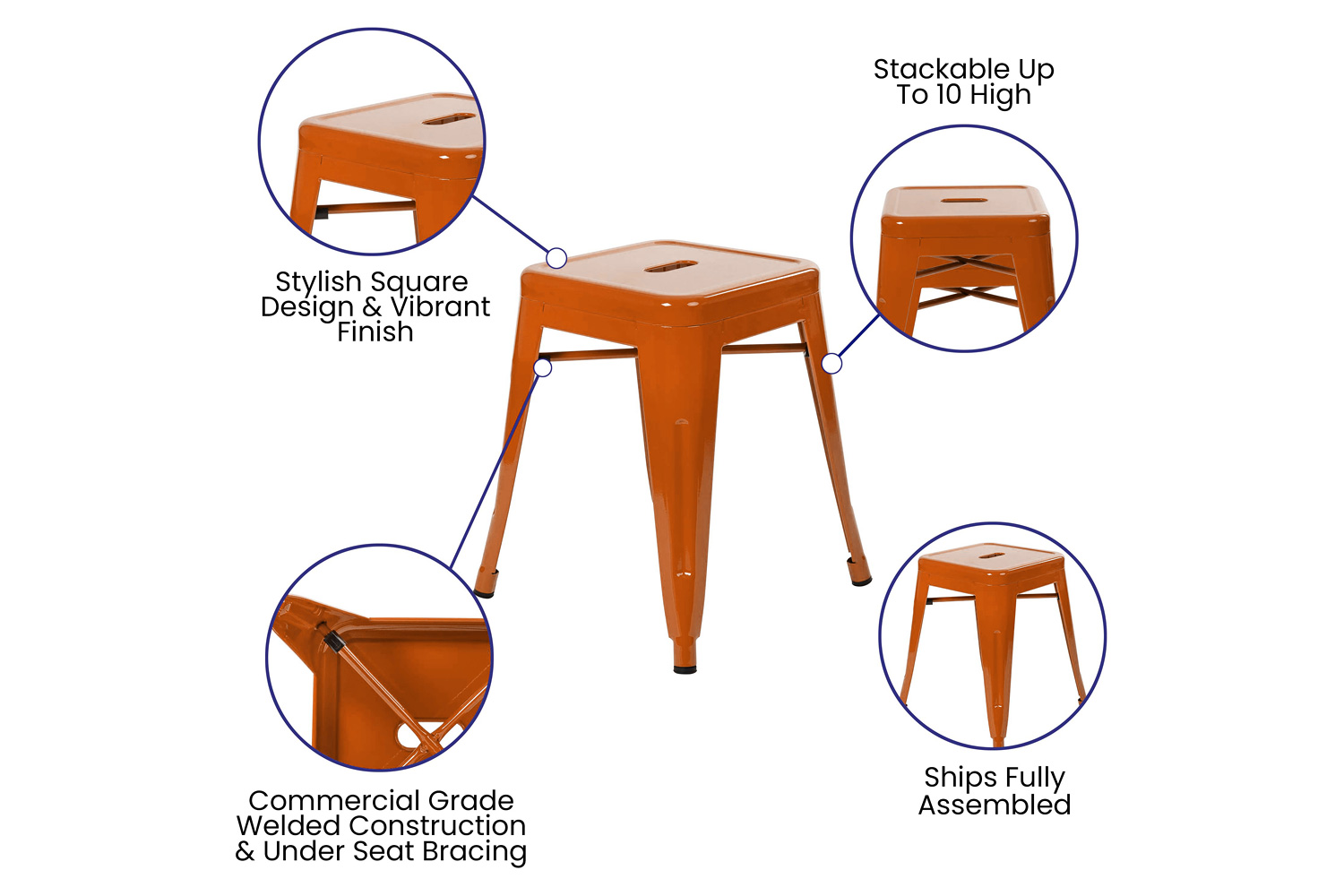 BLNK Kai Commercial Indoor Metal Backless Stackable Table Height Dining Stool Set of 4 - Orange