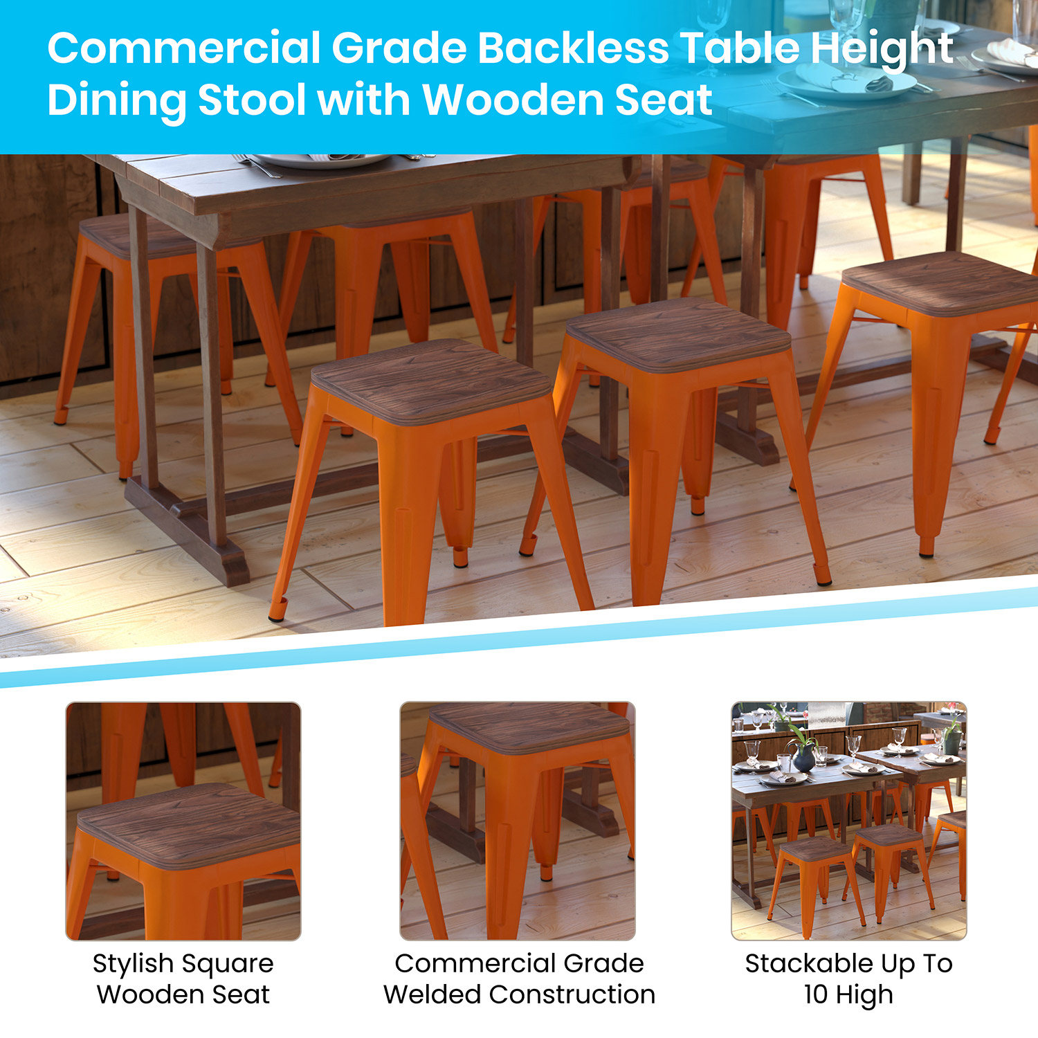 BLNK Kai Commercial Metal Backless Stackable Table Height Dining Stool with Wooden Seat Set of 4 - Orange