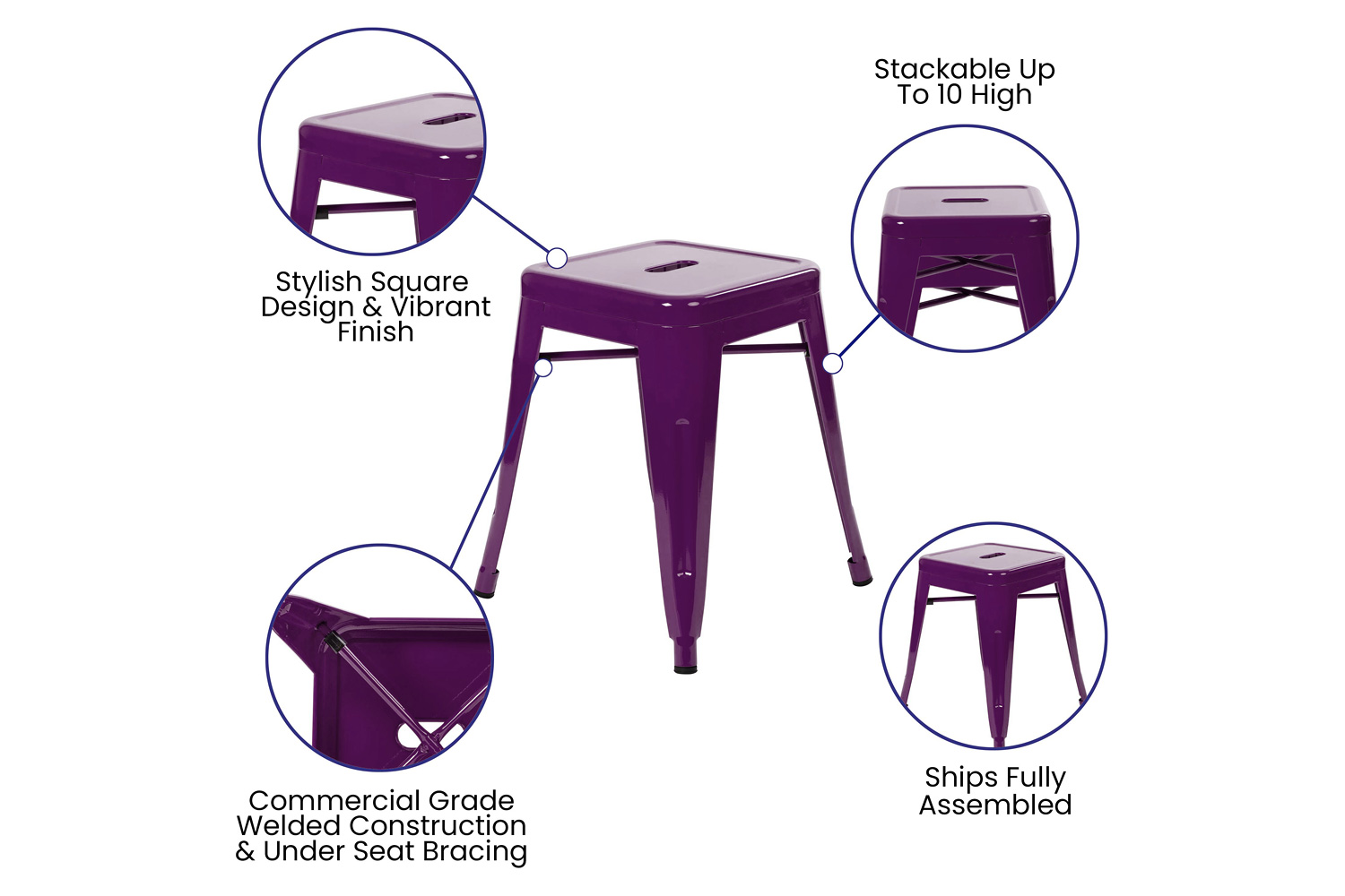 BLNK Kai Commercial Indoor Metal Backless Stackable Table Height Dining Stool Set of 4 - Purple