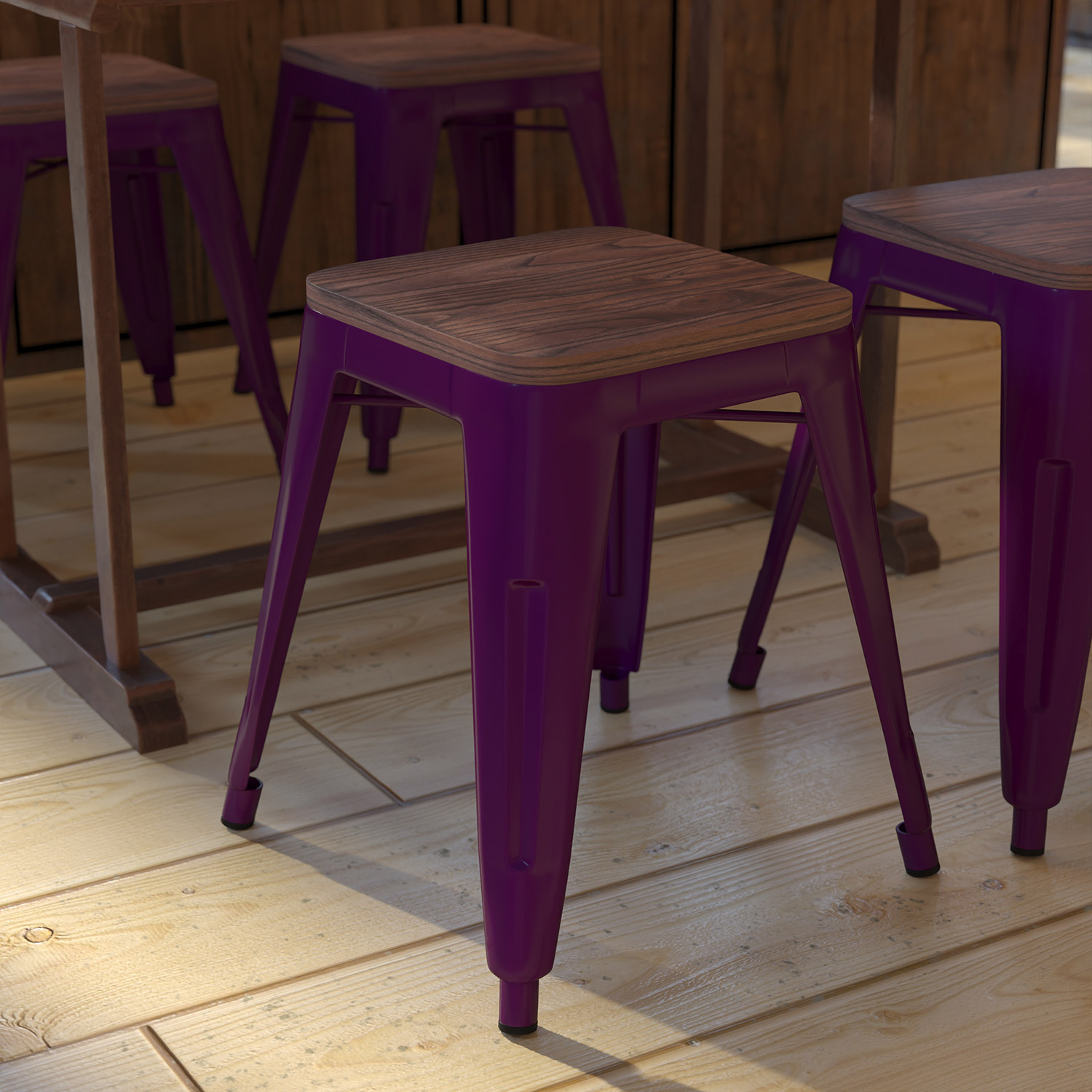 BLNK Kai Commercial Metal Backless Stackable Table Height Dining Stool with Wooden Seat Set of 4 - Purple