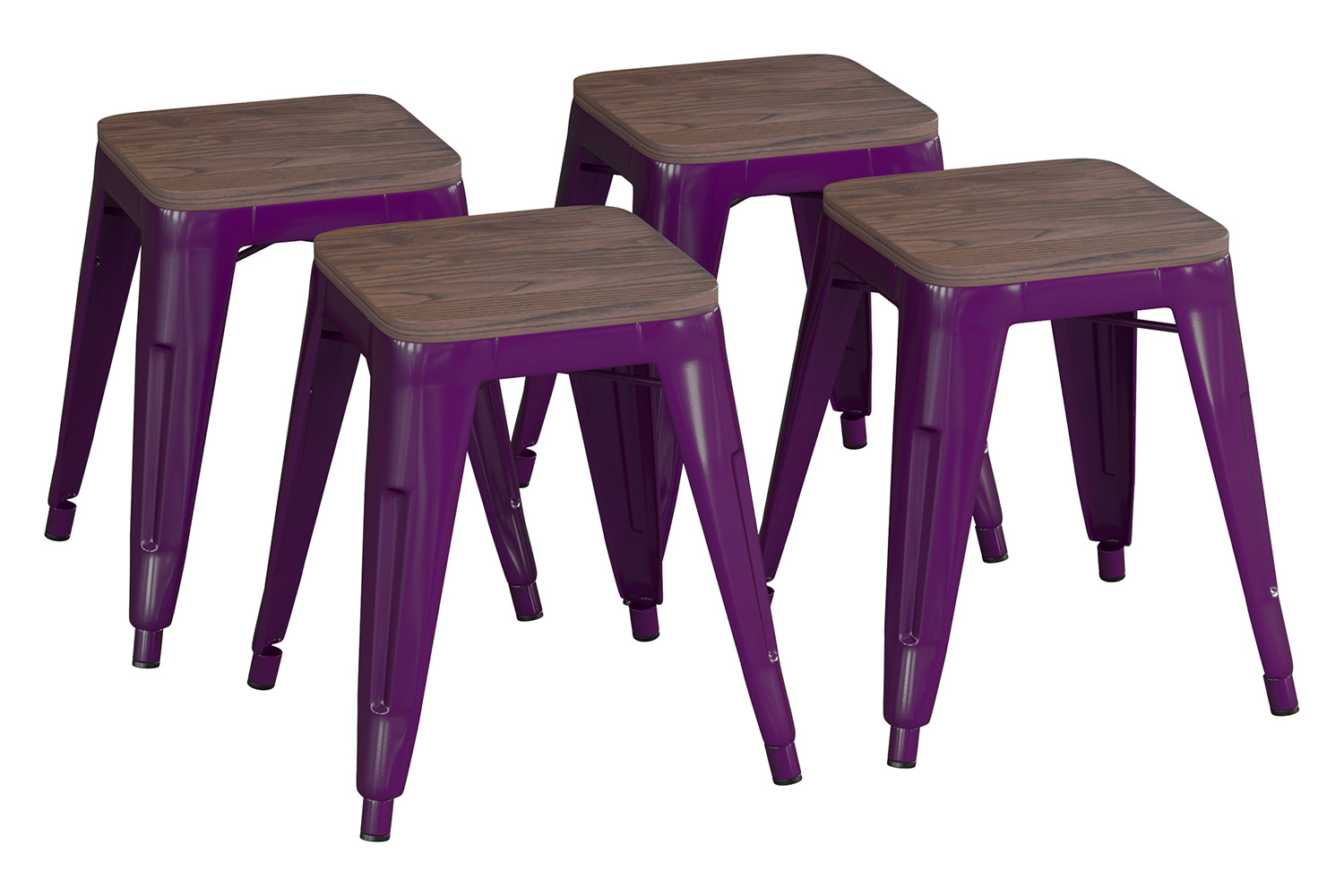 BLNK Kai Commercial Metal Backless Stackable Table Height Dining Stool with Wooden Seat Set of 4 - Purple