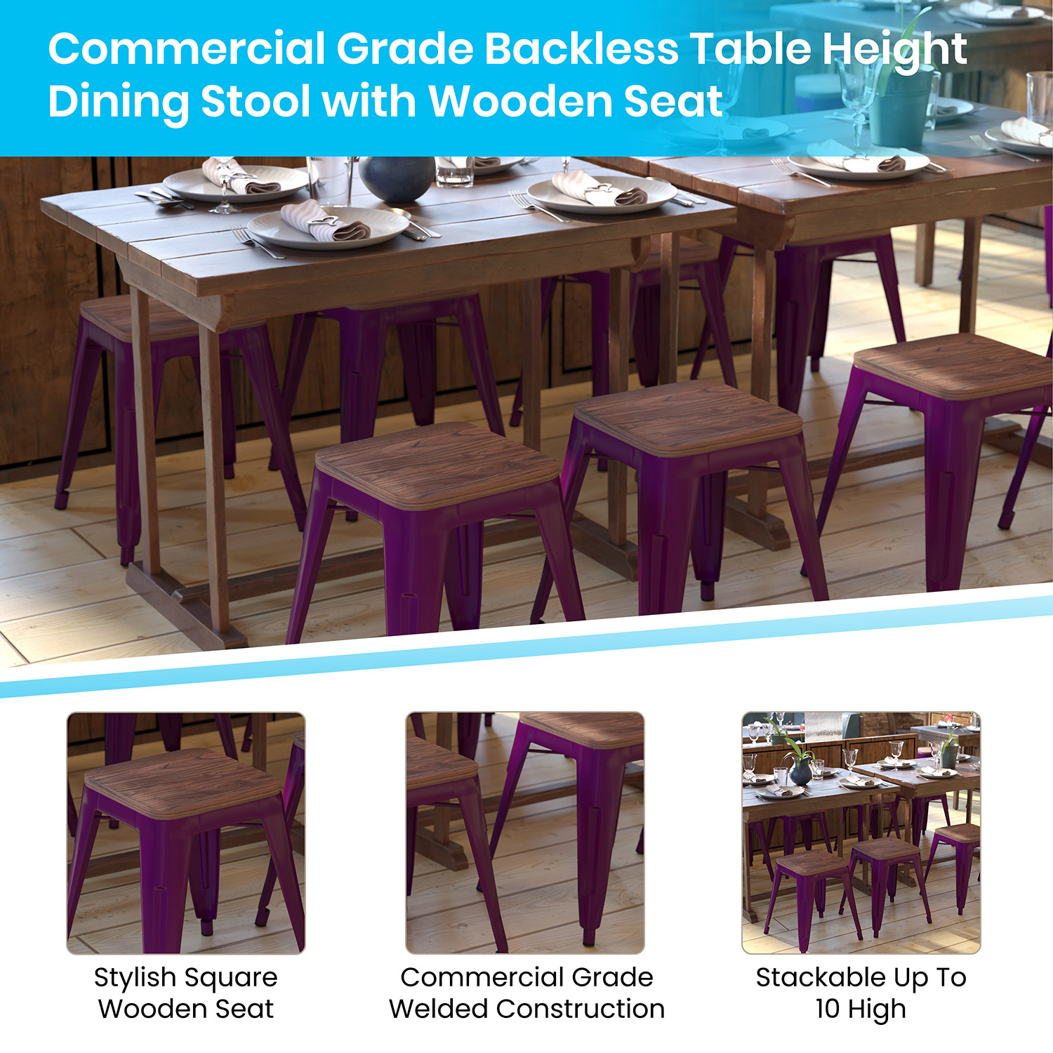 BLNK Kai Commercial Metal Backless Stackable Table Height Dining Stool with Wooden Seat Set of 4 - Purple