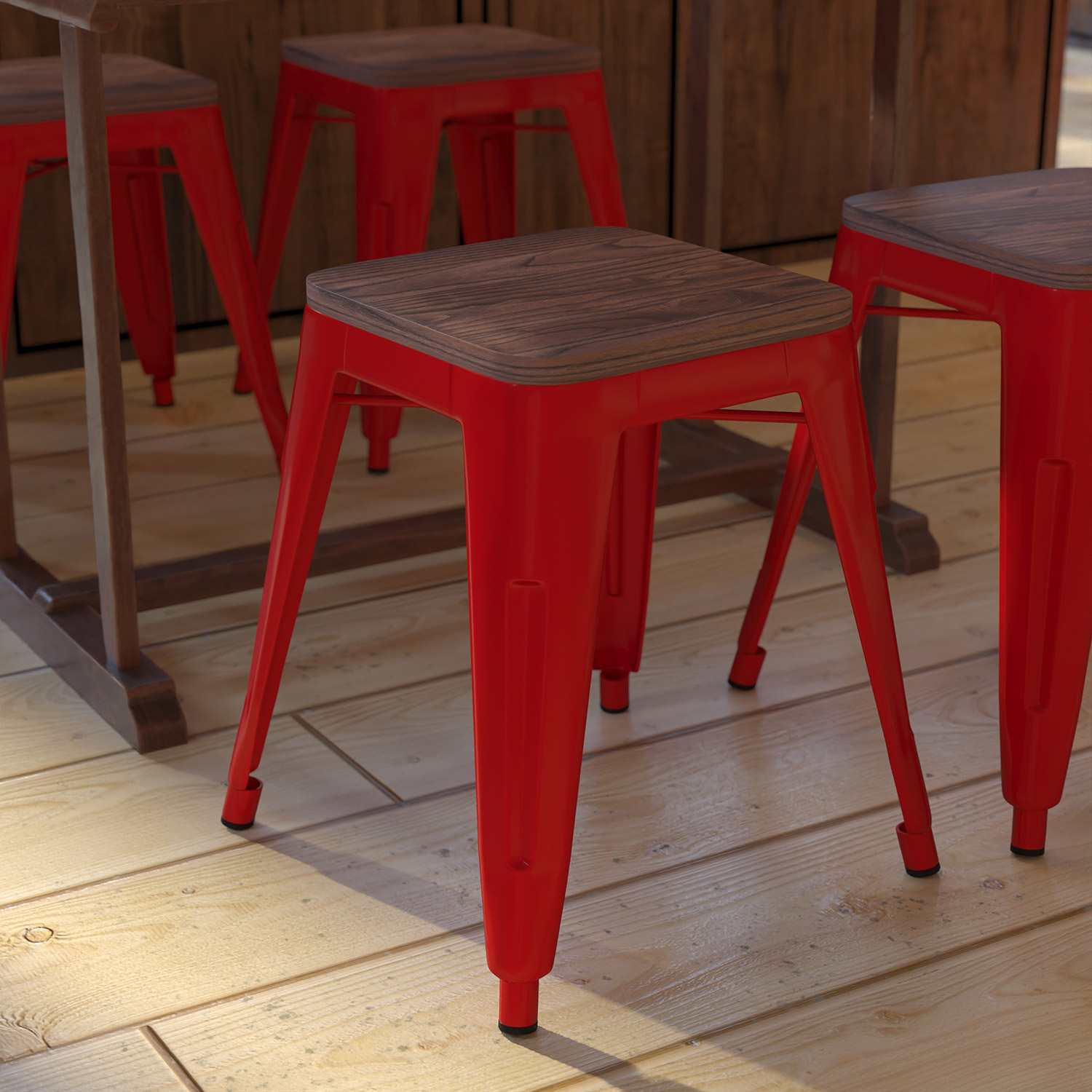 BLNK Kai Commercial Metal Backless Stackable Table Height Dining Stool with Wooden Seat Set of 4 - Red