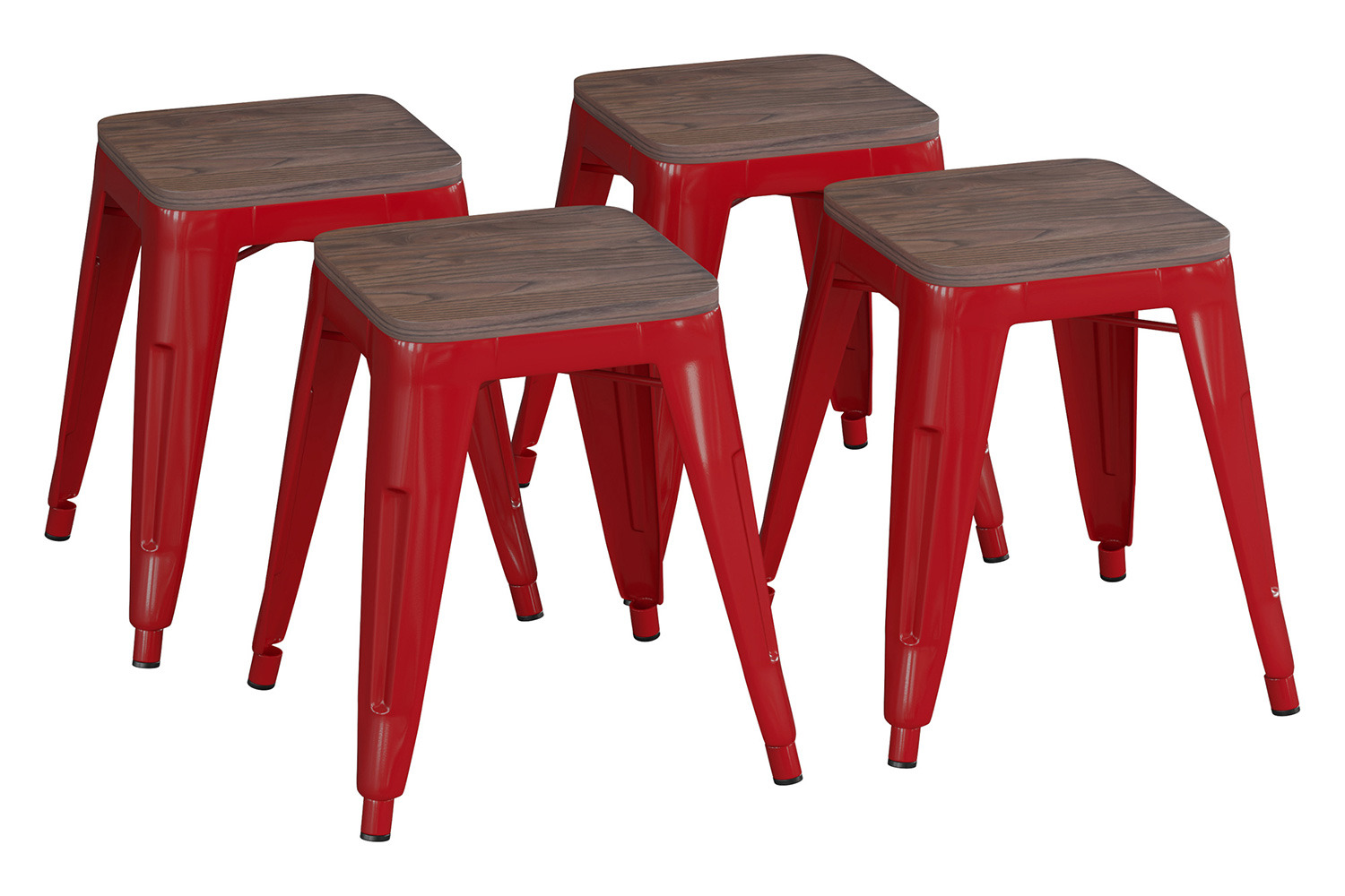 BLNK Kai Commercial Metal Backless Stackable Table Height Dining Stool with Wooden Seat Set of 4 - Red