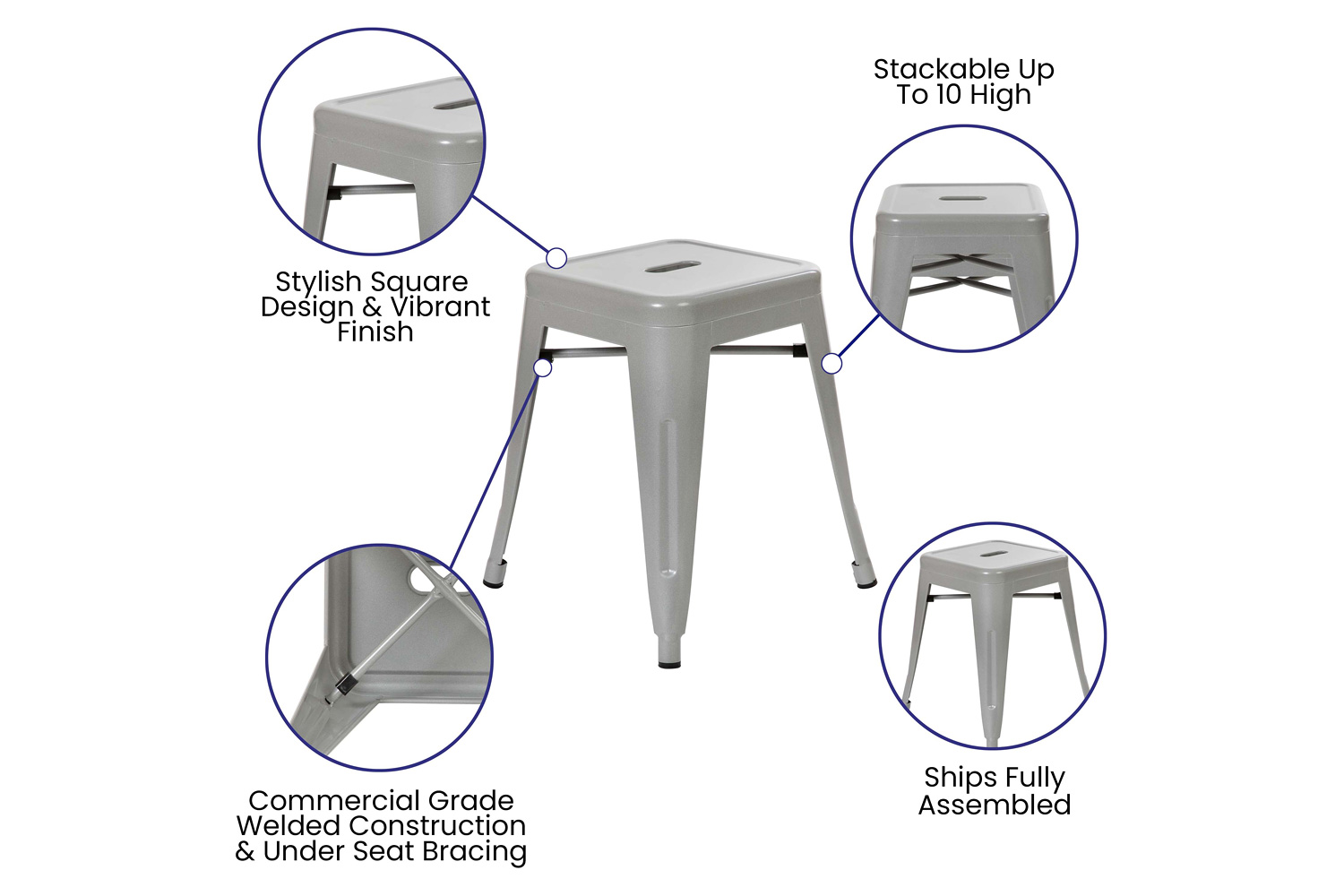 BLNK Kai Commercial Indoor Metal Backless Stackable Table Height Dining Stool Set of 4 - Silver