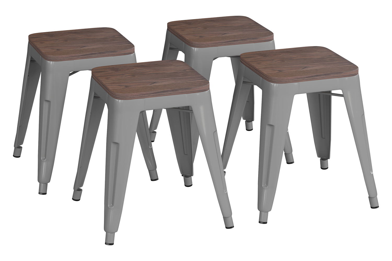 BLNK Kai Commercial Metal Backless Stackable Table Height Dining Stool with Wooden Seat Set of 4 - Silver