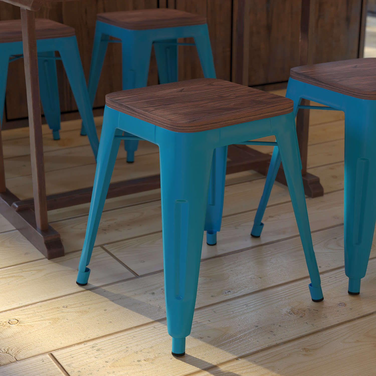 BLNK Kai Commercial Metal Backless Stackable Table Height Dining Stool with Wooden Seat Set of 4 - Teal