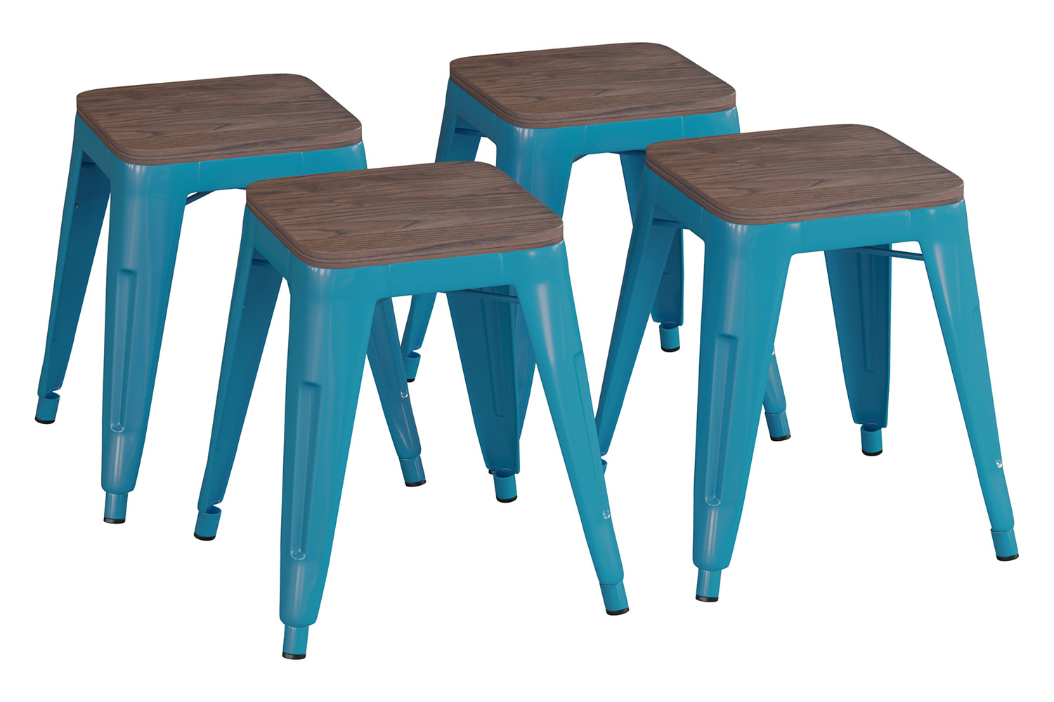 BLNK Kai Commercial Metal Backless Stackable Table Height Dining Stool with Wooden Seat Set of 4 - Teal