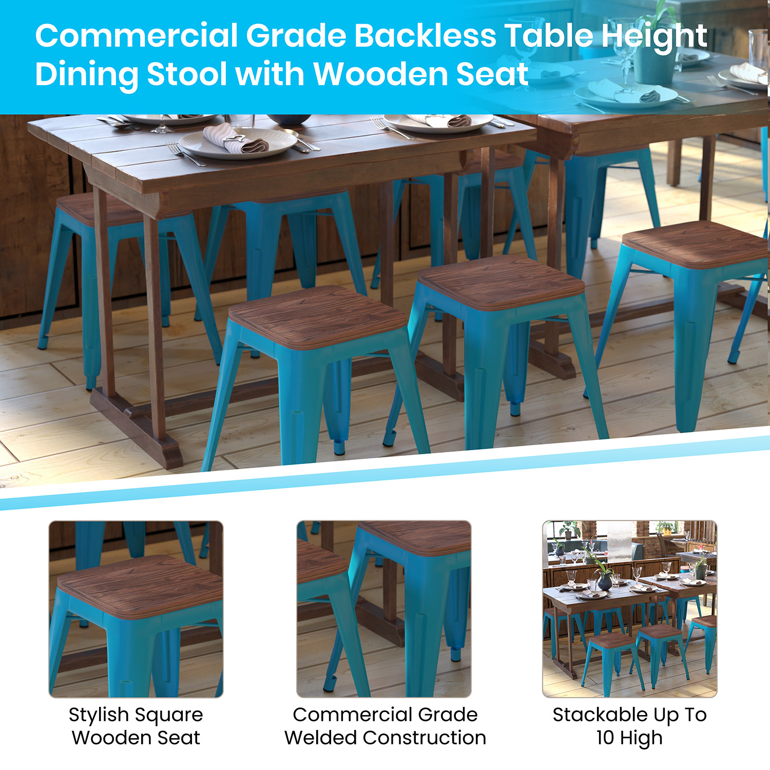 BLNK Kai Commercial Metal Backless Stackable Table Height Dining Stool with Wooden Seat Set of 4 - Teal