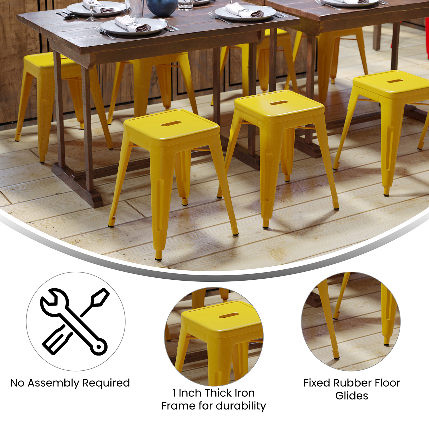 BLNK Kai Commercial Indoor Metal Backless Stackable Table Height Dining Stool Set of 4 - Yellow