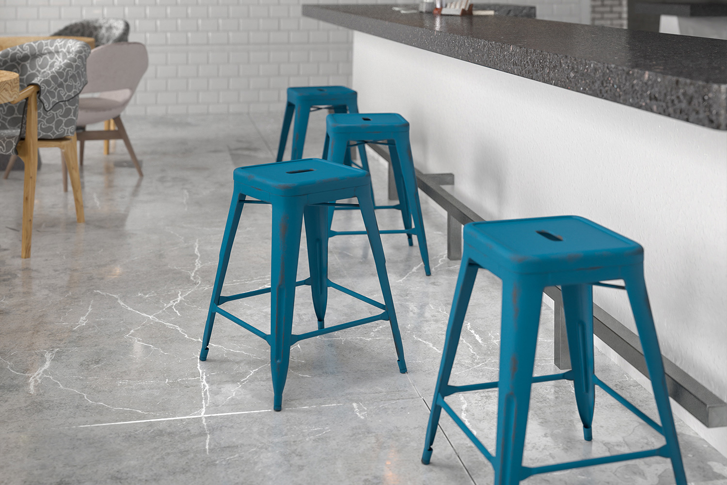 BLNK Kai Commercial Metal Backless Distressed Indoor-Outdoor Counter Height Stool