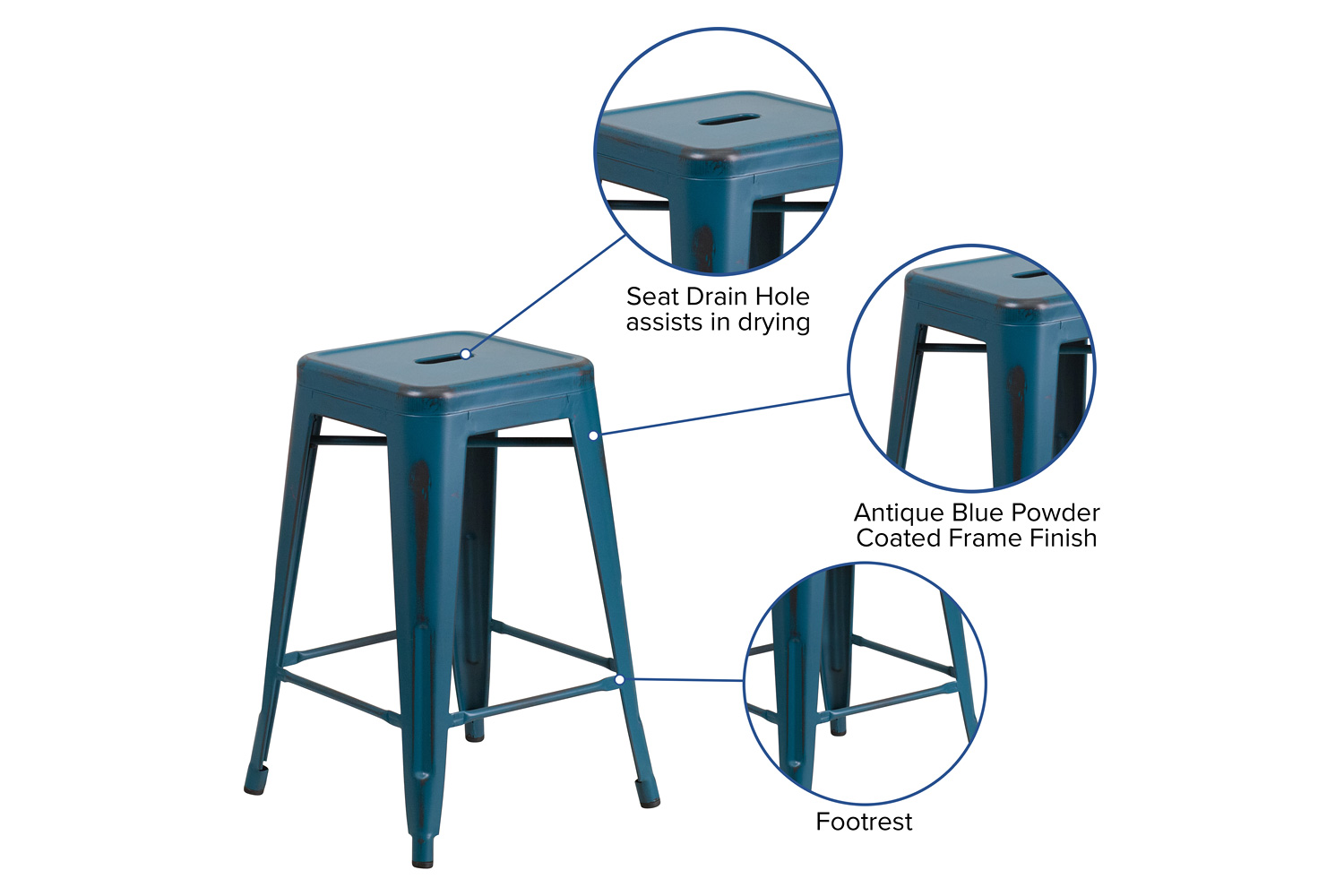 BLNK Kai Commercial Metal Backless Distressed Indoor-Outdoor Counter Height Stool - Antique Blue