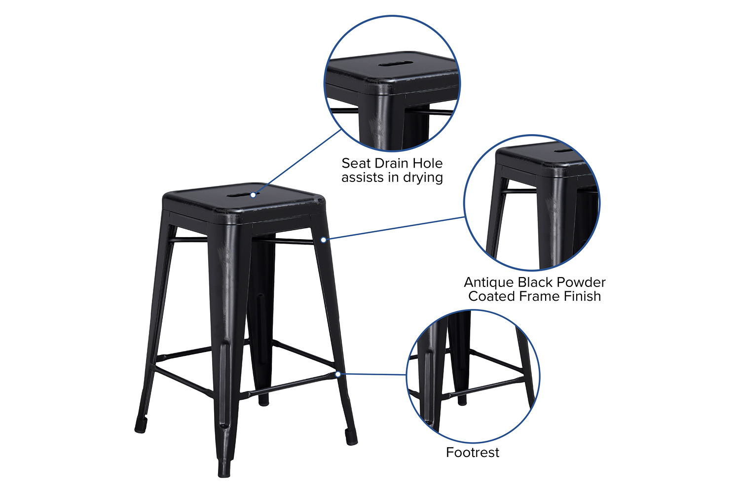 BLNK Kai Commercial Metal Backless Distressed Indoor-Outdoor Counter Height Stool - Black