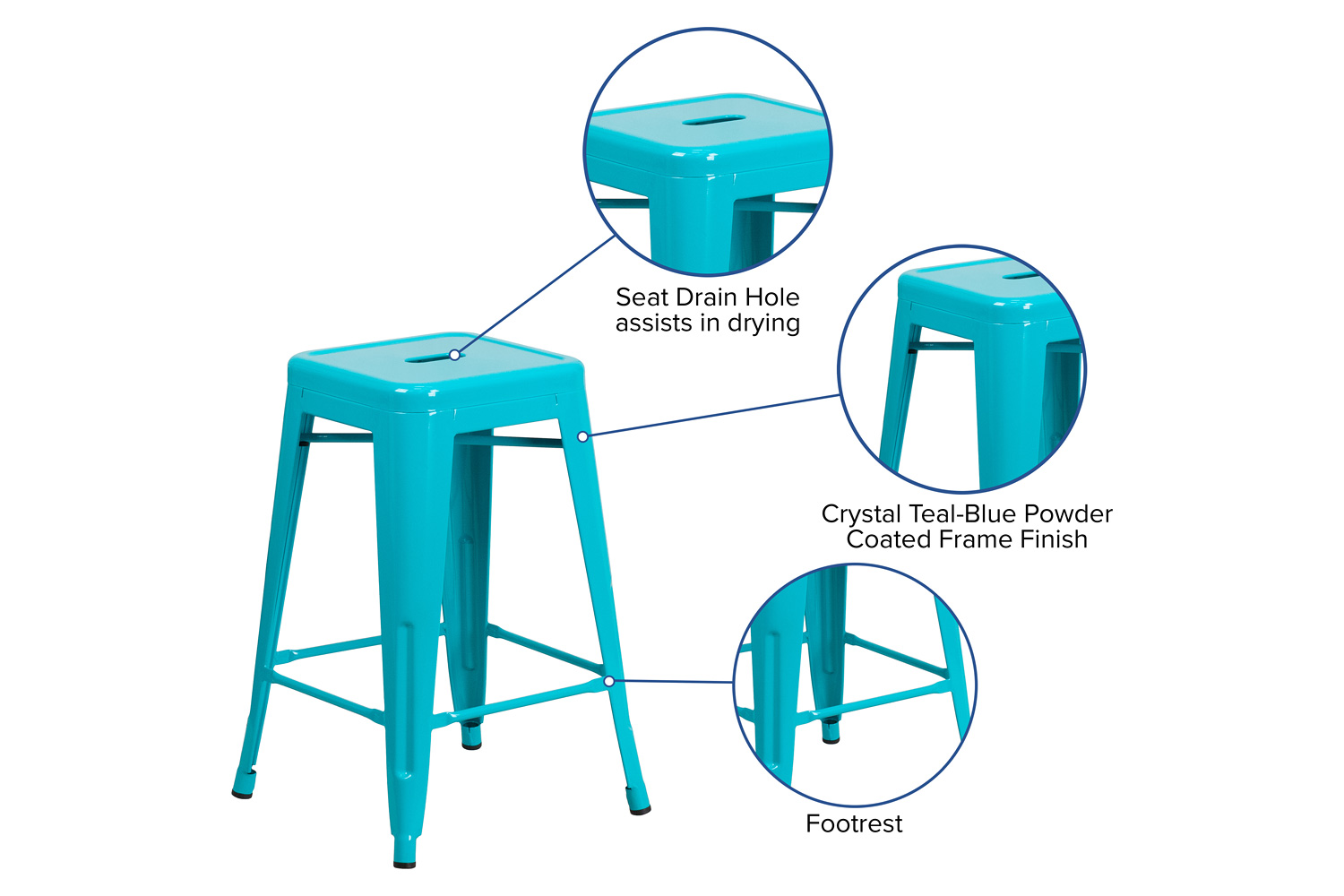 BLNK Kai Commercial Backless Indoor-Outdoor Counter Height Stool - Crystal Teal/Blue