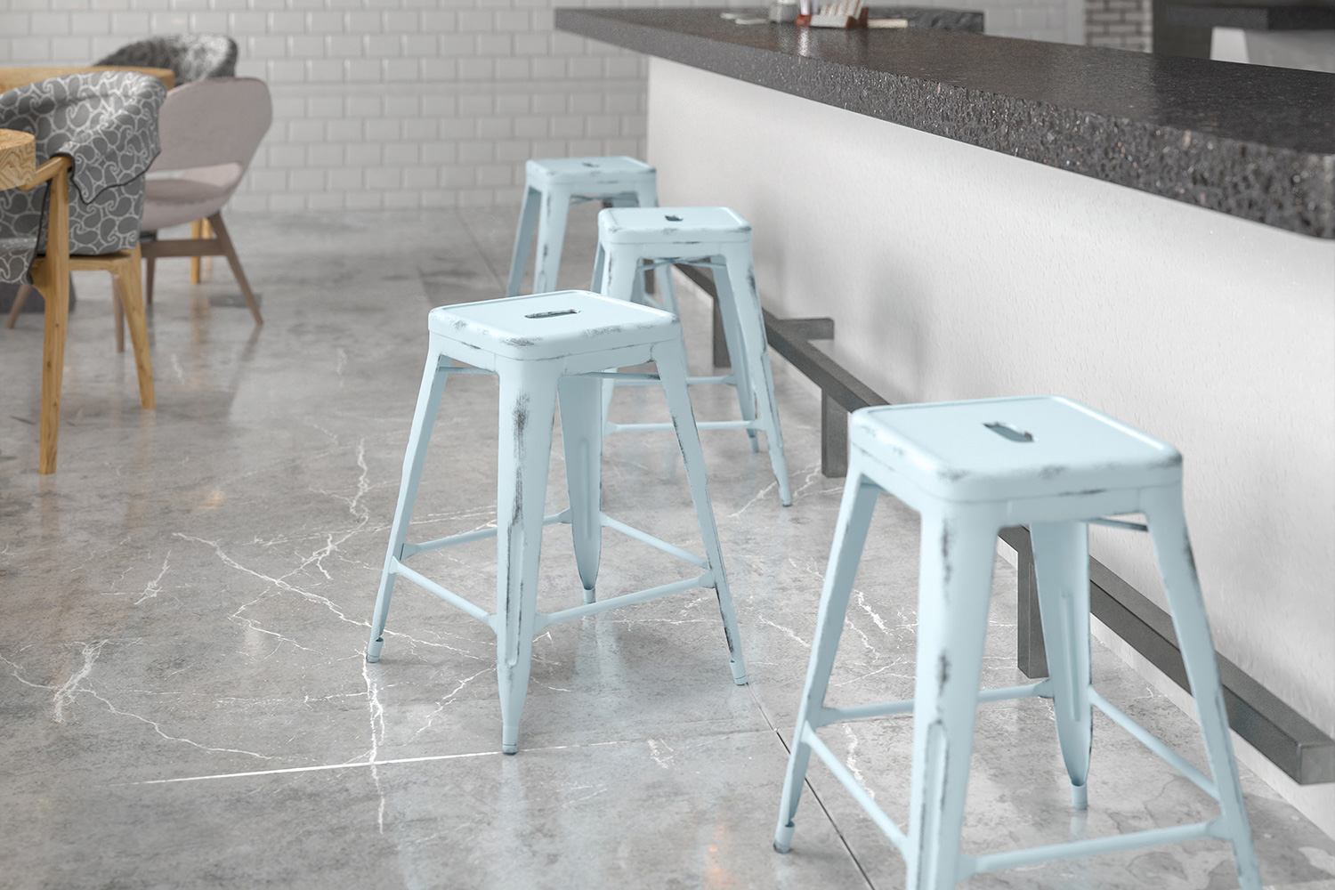 BLNK Kai Commercial Metal Backless Distressed Indoor-Outdoor Counter Height Stool