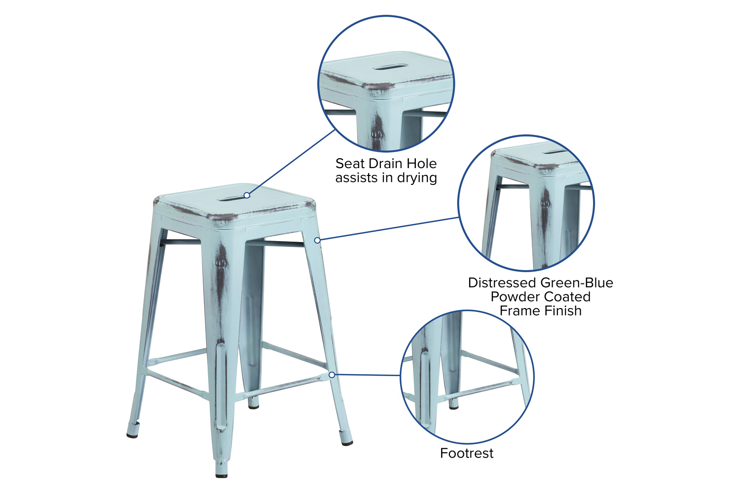 BLNK Kai Commercial Metal Backless Distressed Indoor-Outdoor Counter Height Stool - Green/Blue