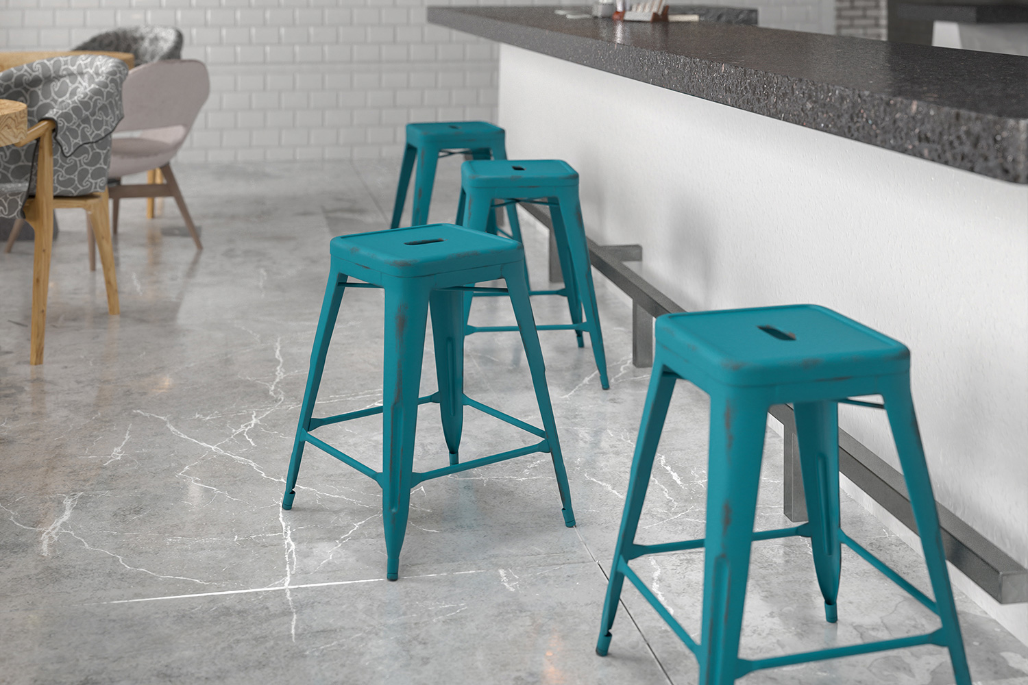 BLNK Kai Commercial Metal Backless Distressed Indoor-Outdoor Counter Height Stool