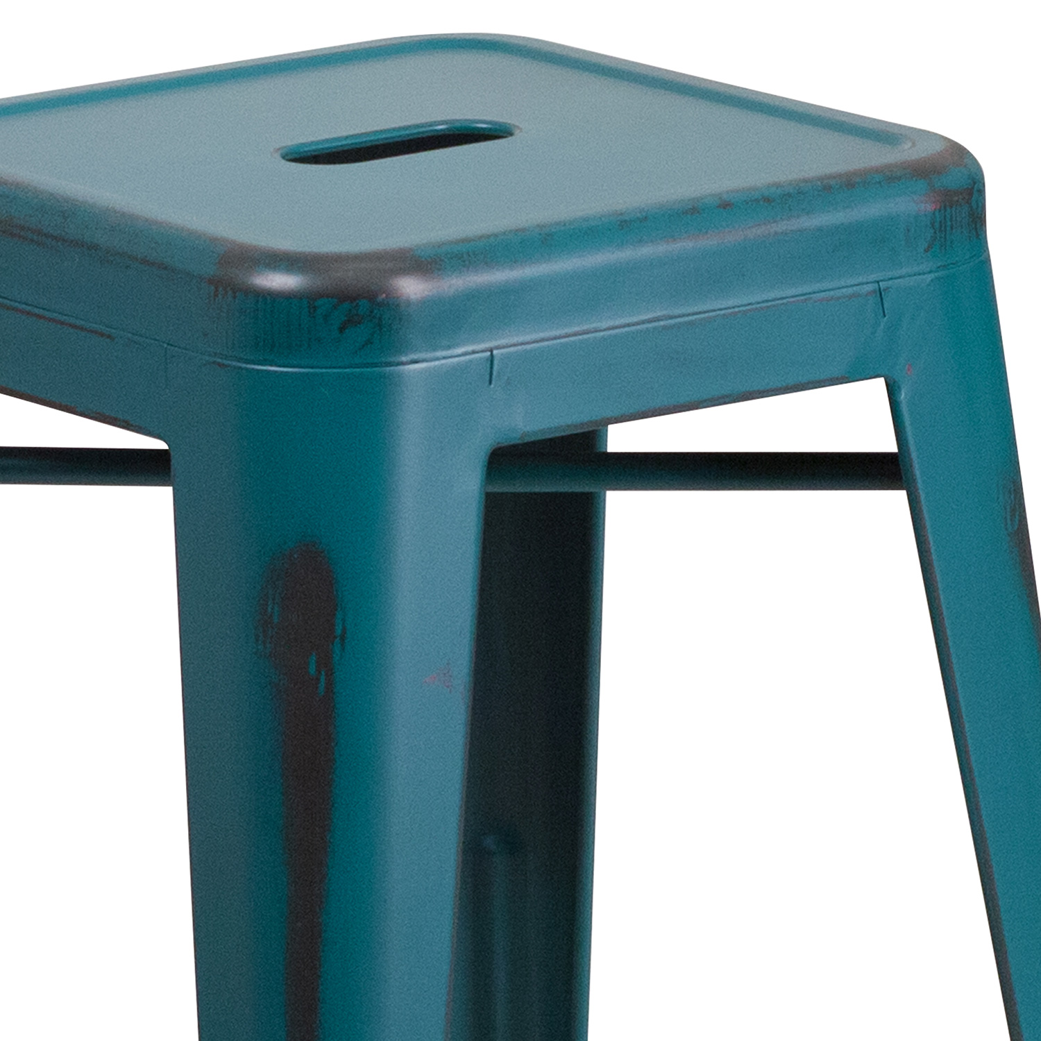 BLNK Kai Commercial Metal Backless Distressed Indoor-Outdoor Counter Height Stool - Kelly Blue/Teal