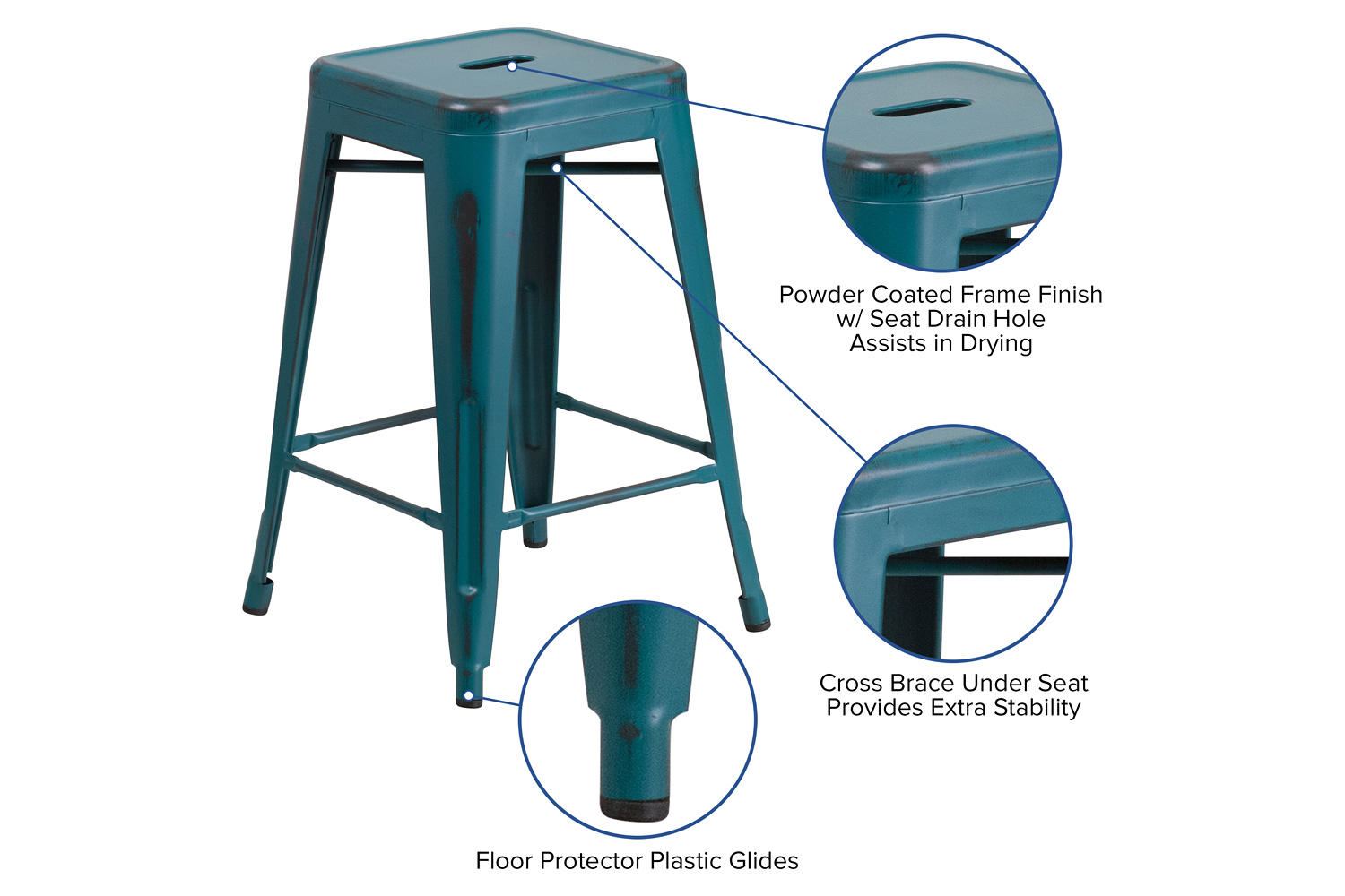 BLNK Kai Commercial Metal Backless Distressed Indoor-Outdoor Counter Height Stool - Kelly Blue/Teal