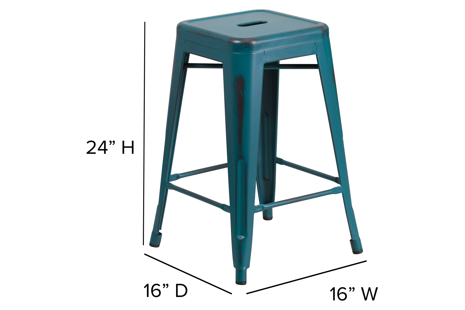 BLNK Kai Commercial Metal Backless Distressed Indoor-Outdoor Counter Height Stool - Kelly Blue/Teal