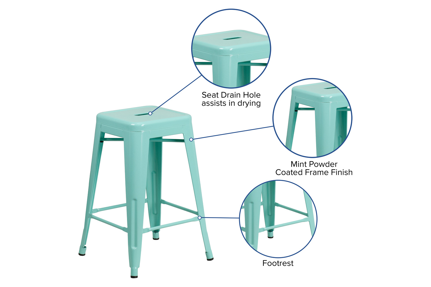 BLNK Kai Commercial Backless Indoor-Outdoor Counter Height Stool - Mint Green