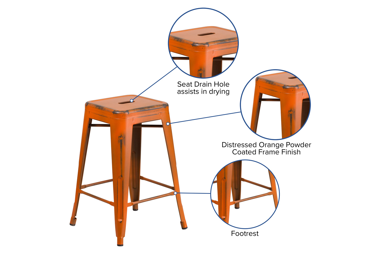 BLNK Kai Commercial Metal Backless Distressed Indoor-Outdoor Counter Height Stool - Orange