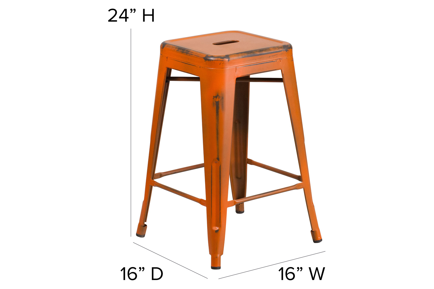 BLNK Kai Commercial Metal Backless Distressed Indoor-Outdoor Counter Height Stool - Orange