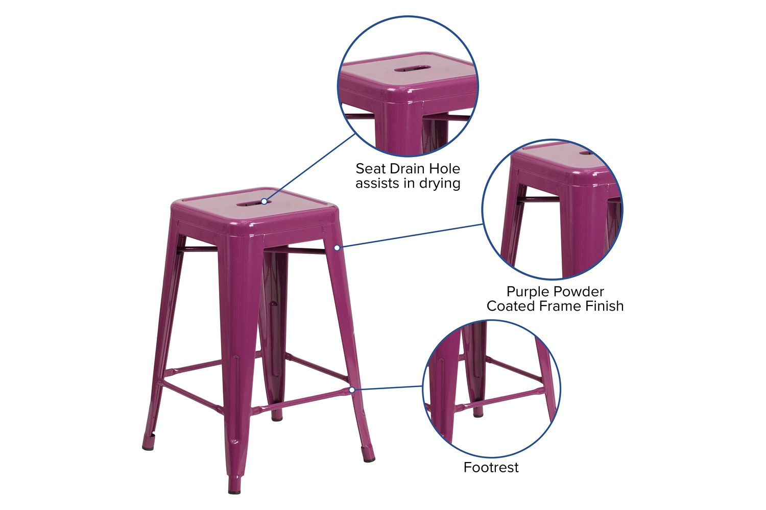 BLNK Kai Commercial Backless Indoor-Outdoor Counter Height Stool - Purple