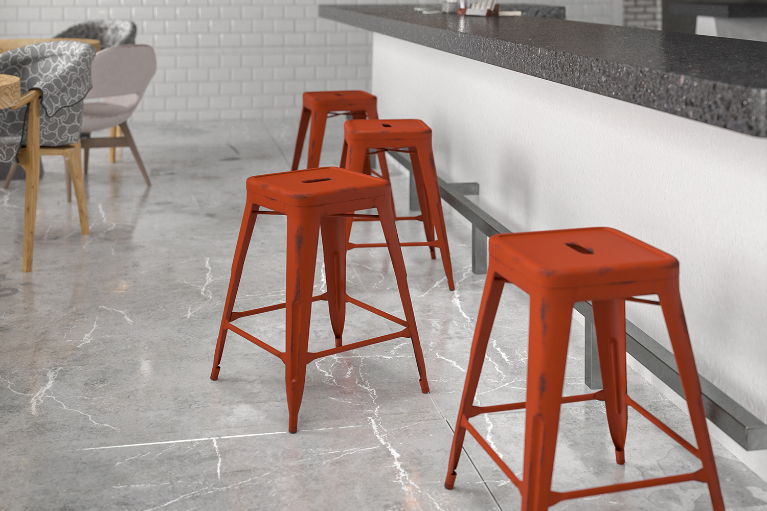 BLNK Kai Commercial Metal Backless Distressed Indoor-Outdoor Counter Height Stool