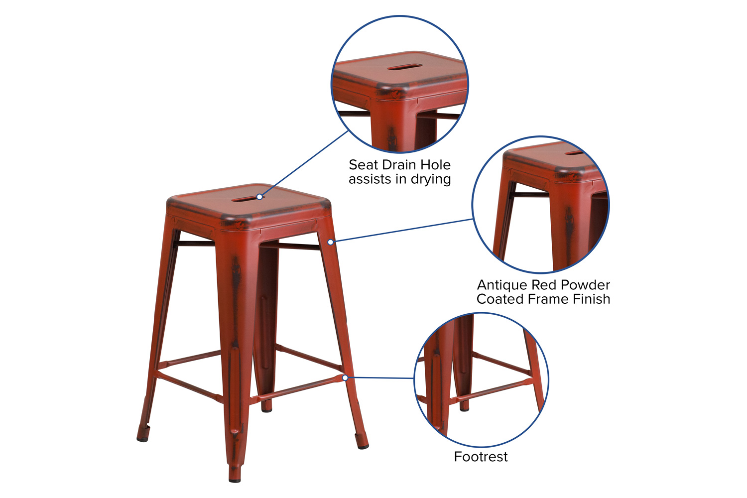 BLNK Kai Commercial Metal Backless Distressed Indoor-Outdoor Counter Height Stool - Kelly Red