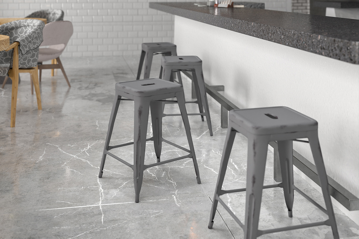 BLNK Kai Commercial Metal Backless Distressed Indoor-Outdoor Counter Height Stool