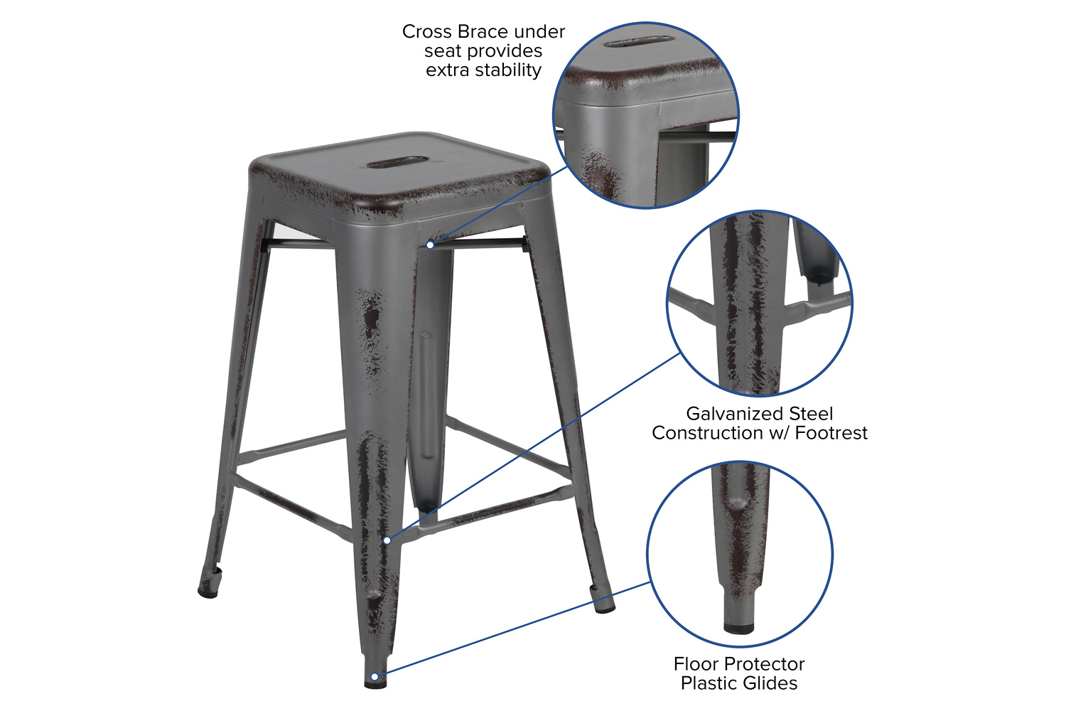 BLNK Kai Commercial Metal Backless Distressed Indoor-Outdoor Counter Height Stool - Silver Gray