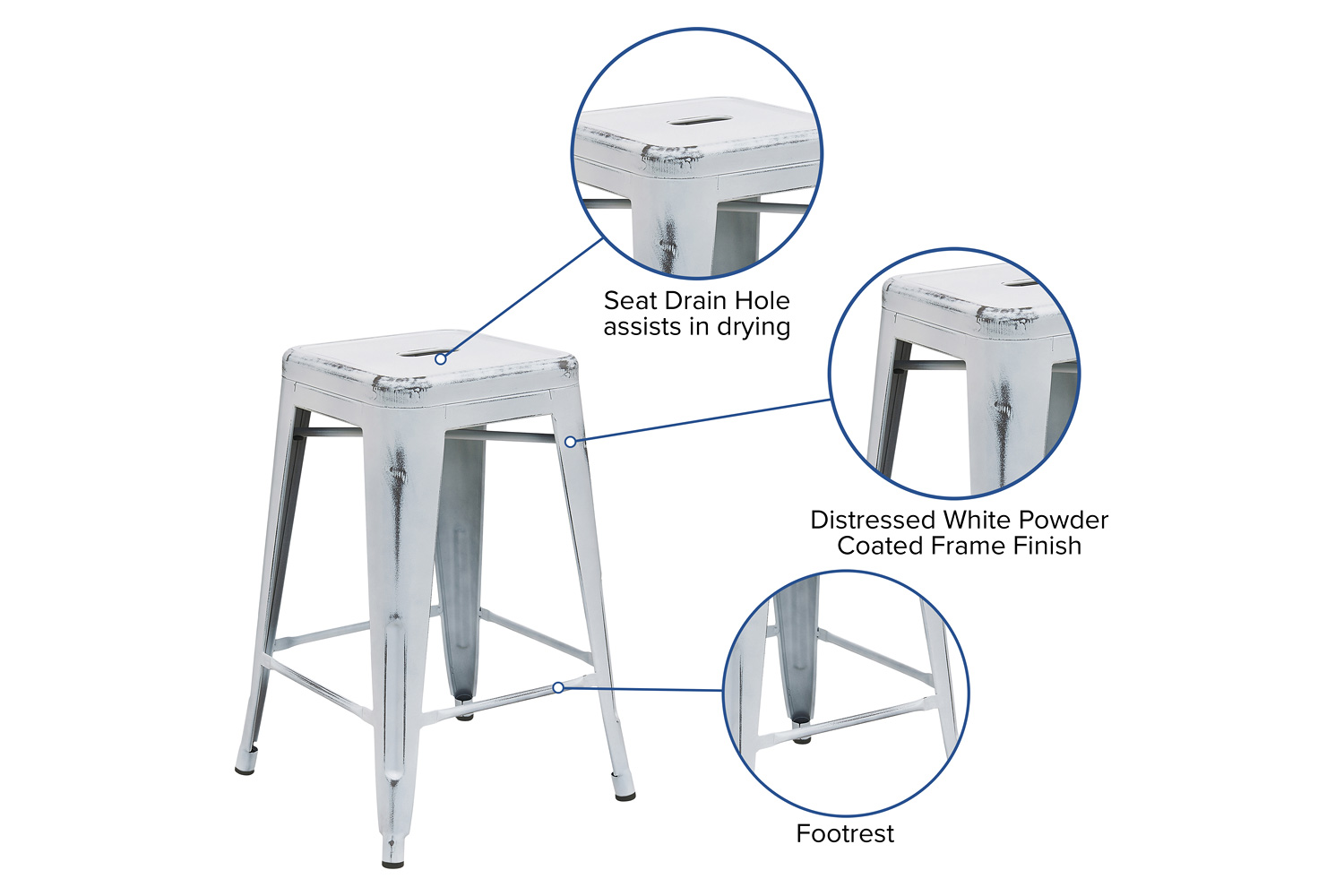 BLNK Kai Commercial Metal Backless Distressed Indoor-Outdoor Counter Height Stool - White