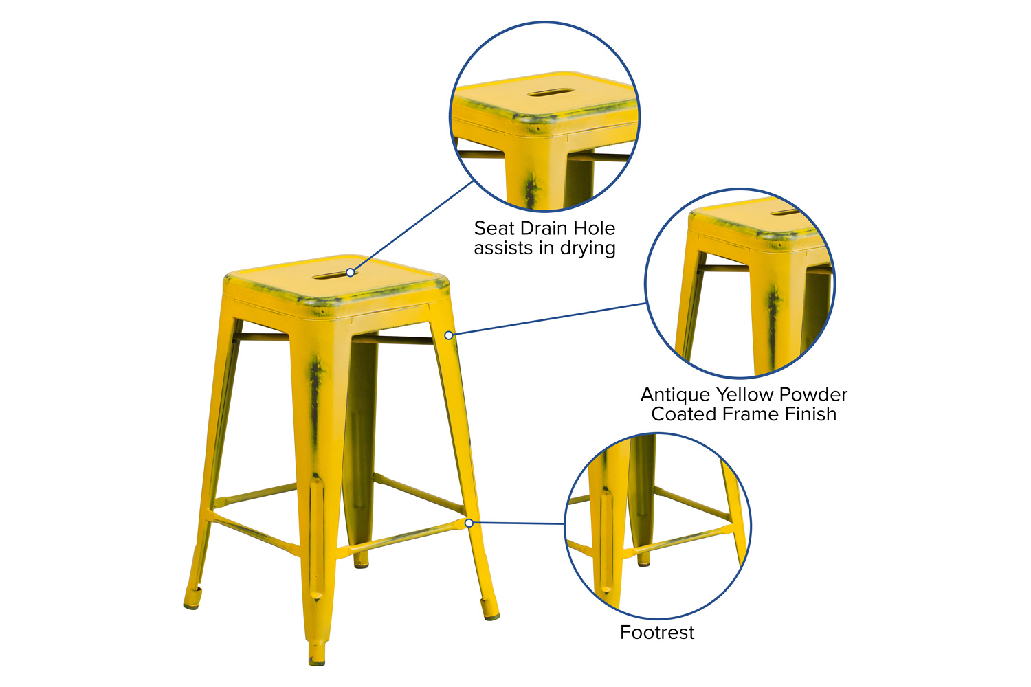 BLNK™ Kai Commercial Metal Backless Distressed Indoor-Outdoor Counter Height Stool - Yellow