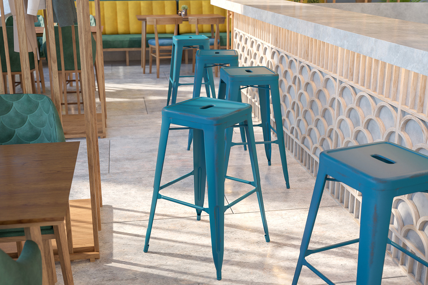 BLNK Kai Commercial Metal Backless Distressed Indoor-Outdoor Bar Stool