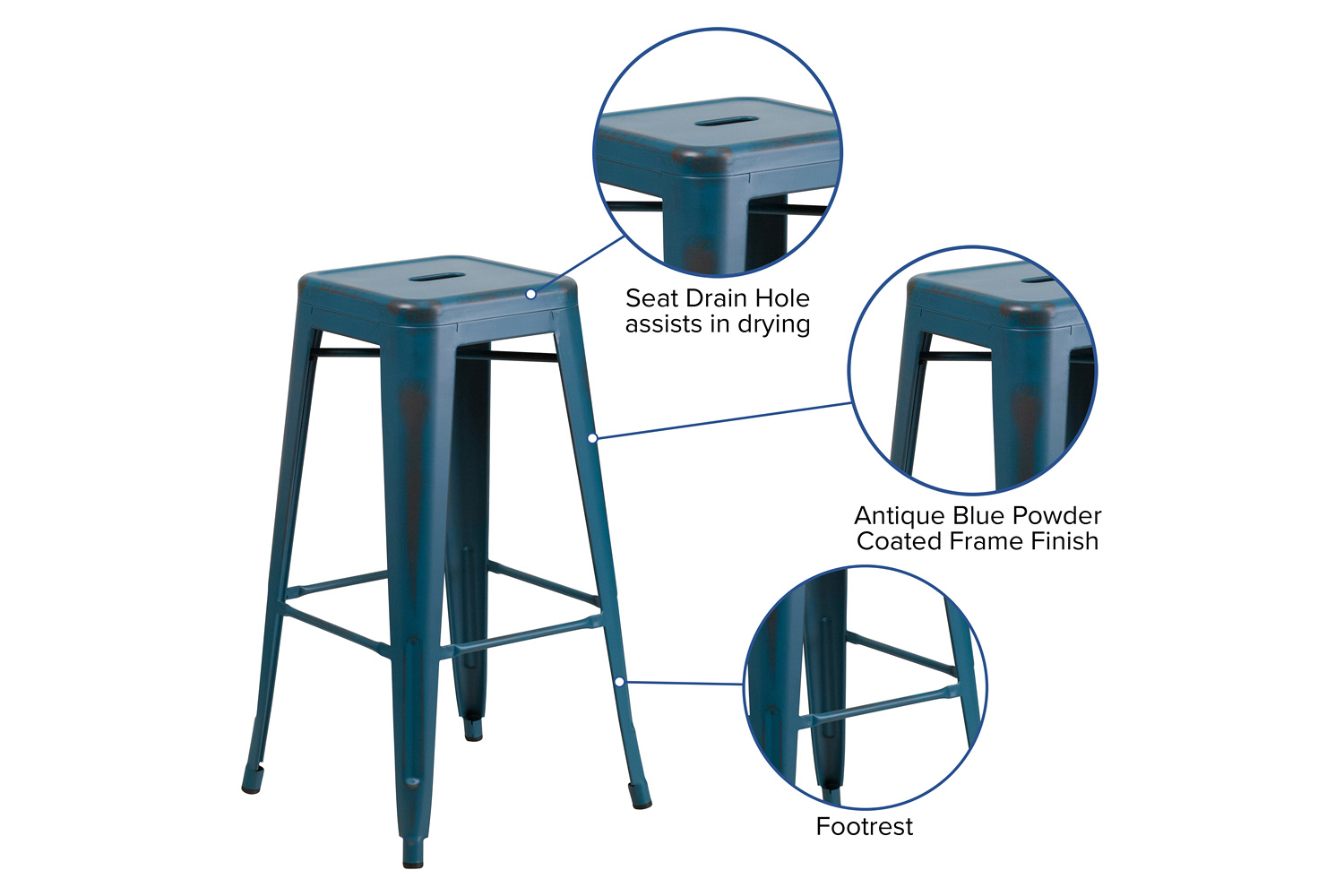 BLNK Kai Commercial Metal Backless Distressed Indoor-Outdoor Bar Stool - Antique Blue