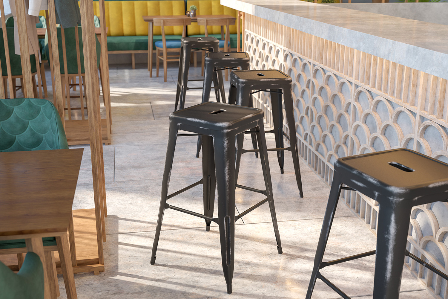 BLNK Kai Commercial Metal Backless Distressed Indoor-Outdoor Bar Stool