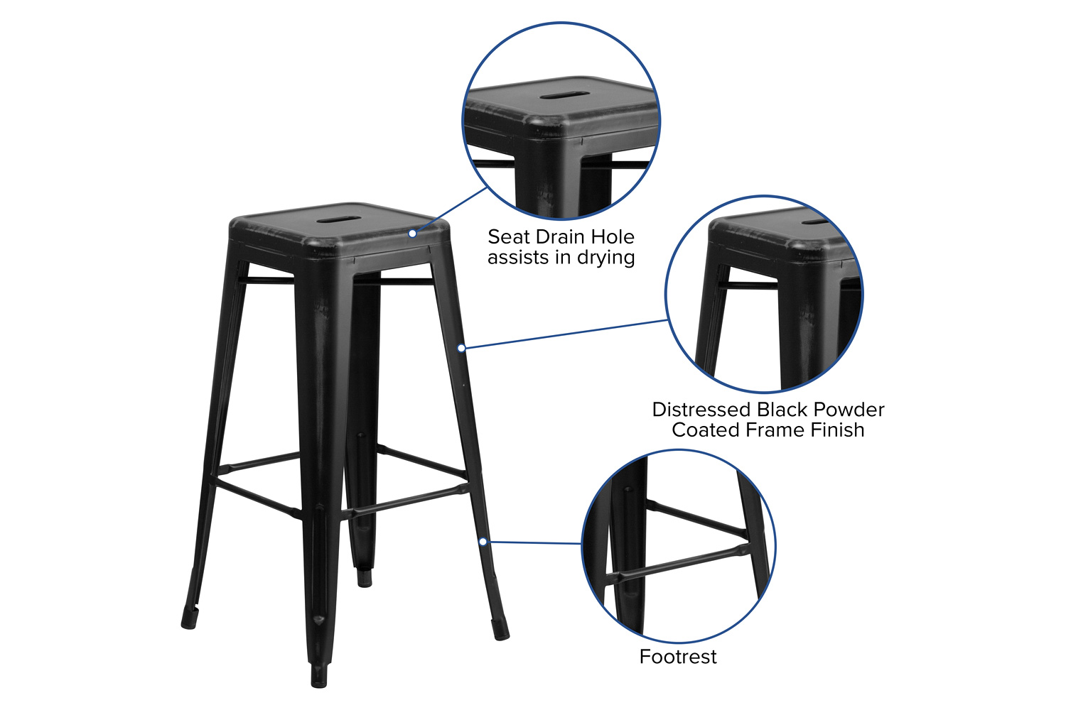 BLNK Kai Commercial Metal Backless Distressed Indoor-Outdoor Bar Stool - Black