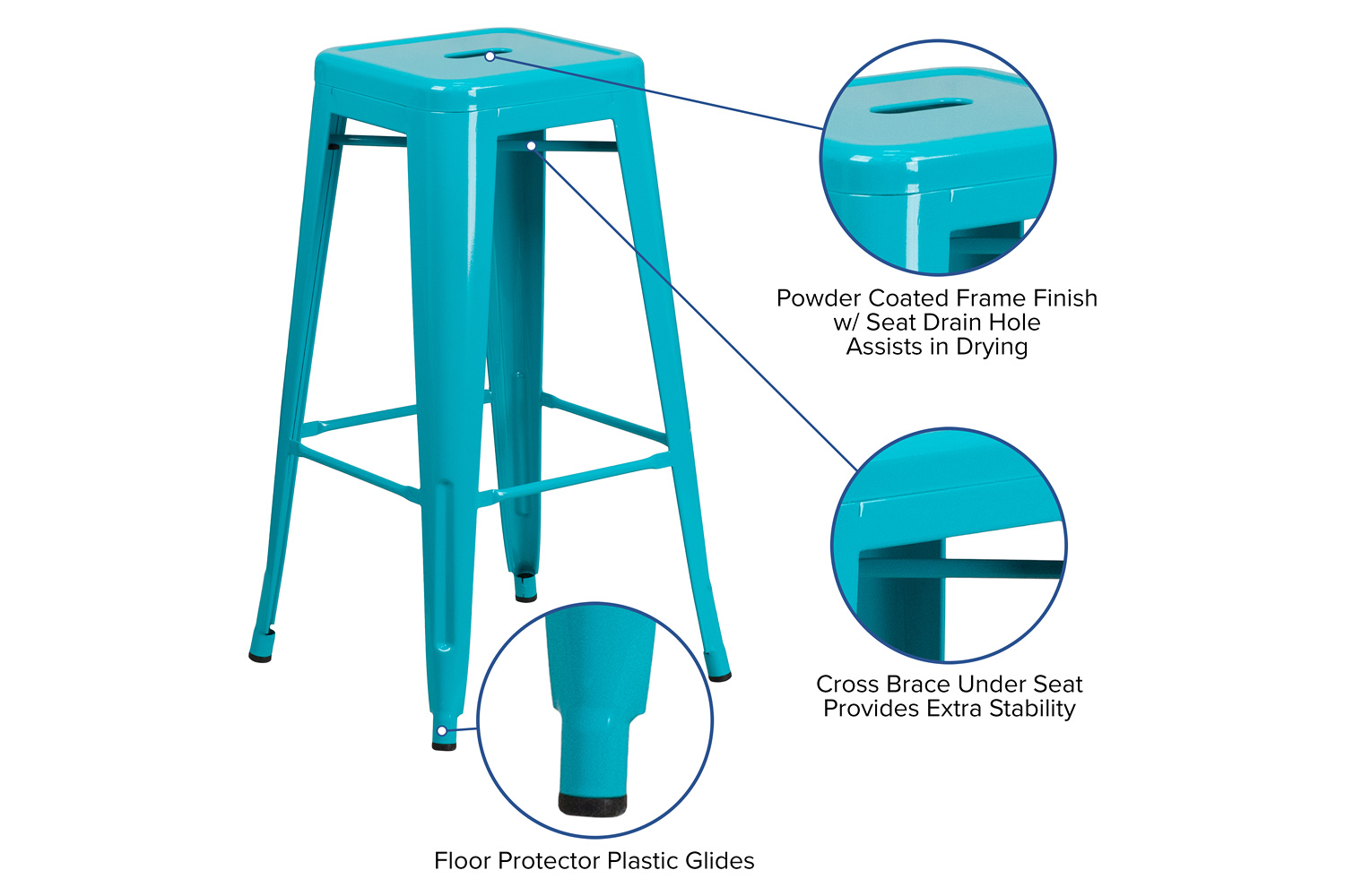 BLNK Kai Commercial Backless Indoor-Outdoor Bar Stool - Crystal Teal/Blue