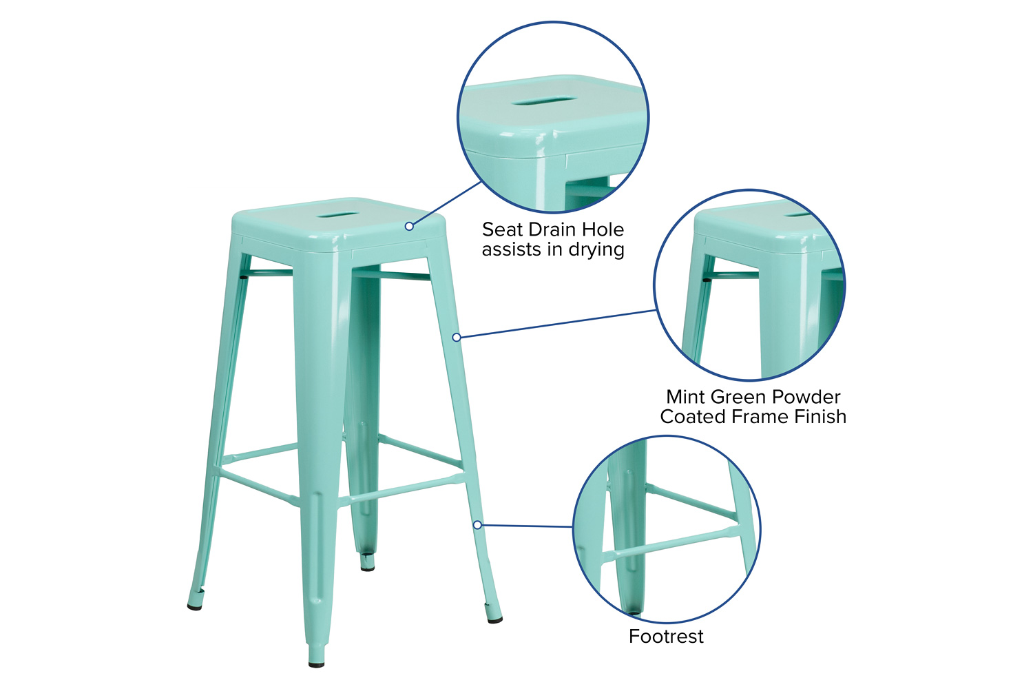 BLNK Kai Commercial Backless Indoor-Outdoor Bar Stool - Mint Green