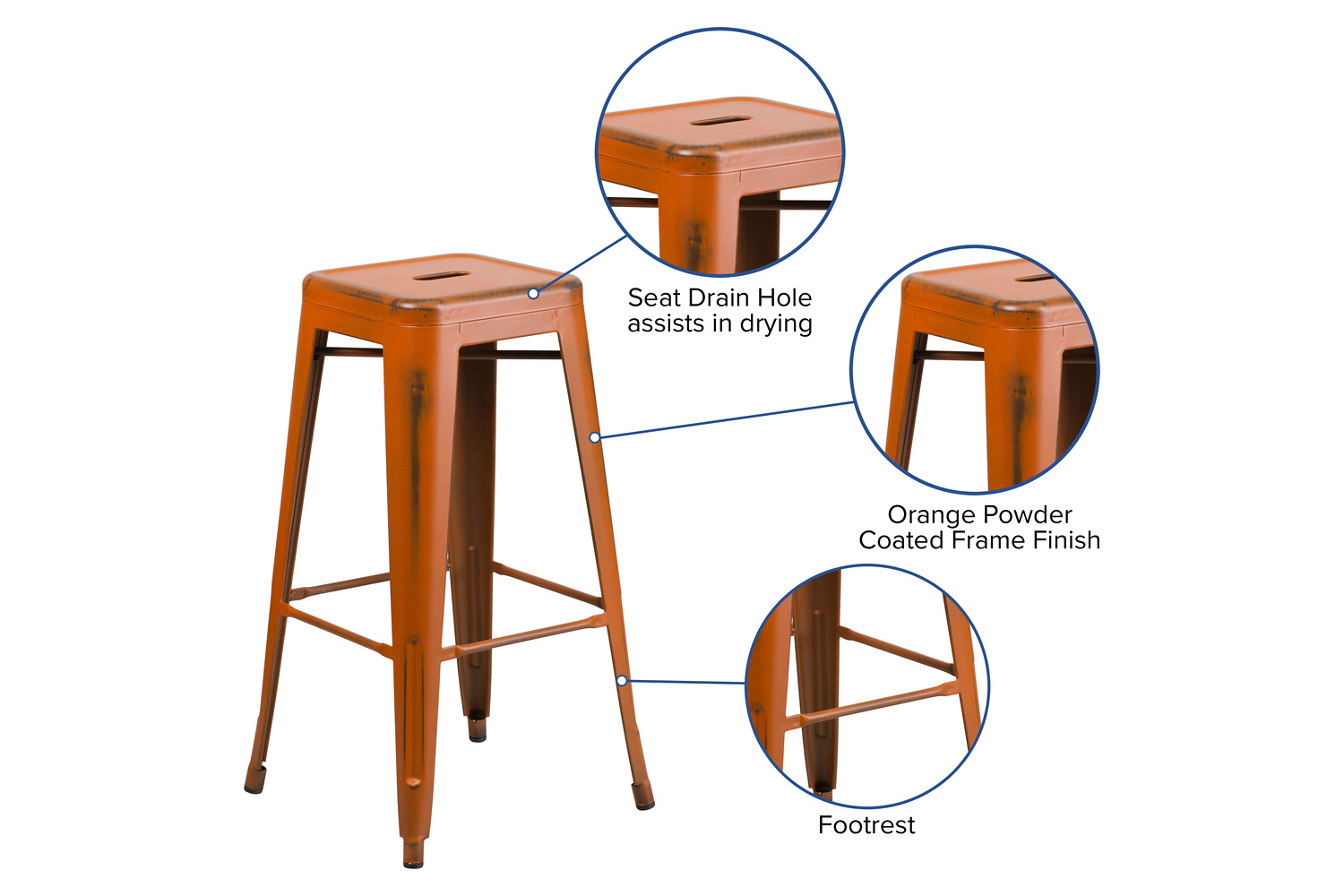 BLNK Kai Commercial Metal Backless Distressed Indoor-Outdoor Bar Stool - Orange