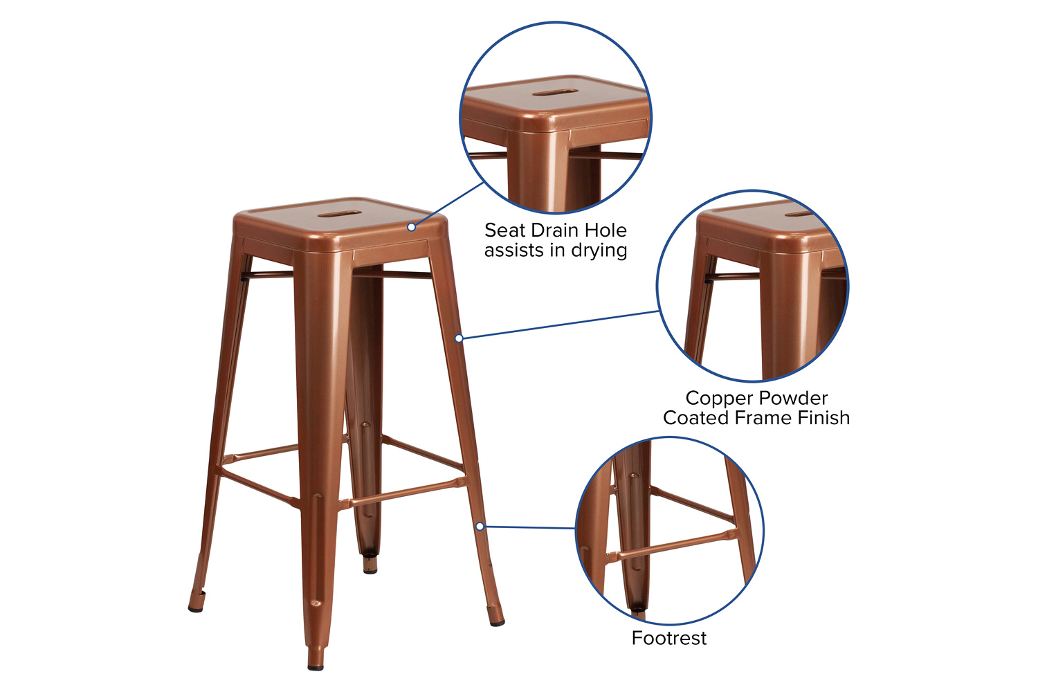 BLNK Kai Commercial Backless Indoor-Outdoor Bar Stool - Copper