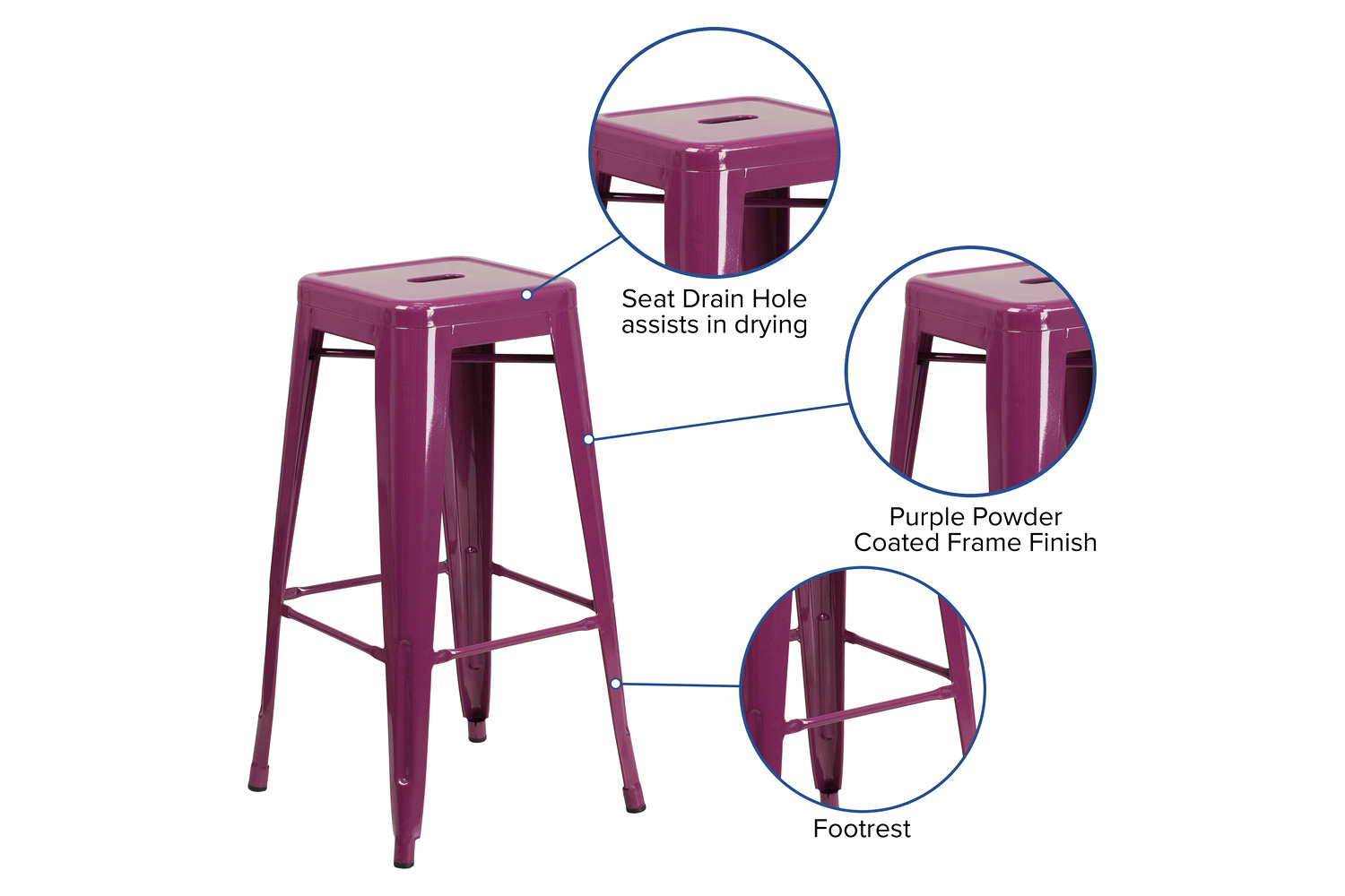 BLNK Kai Commercial Backless Indoor-Outdoor Bar Stool - Purple